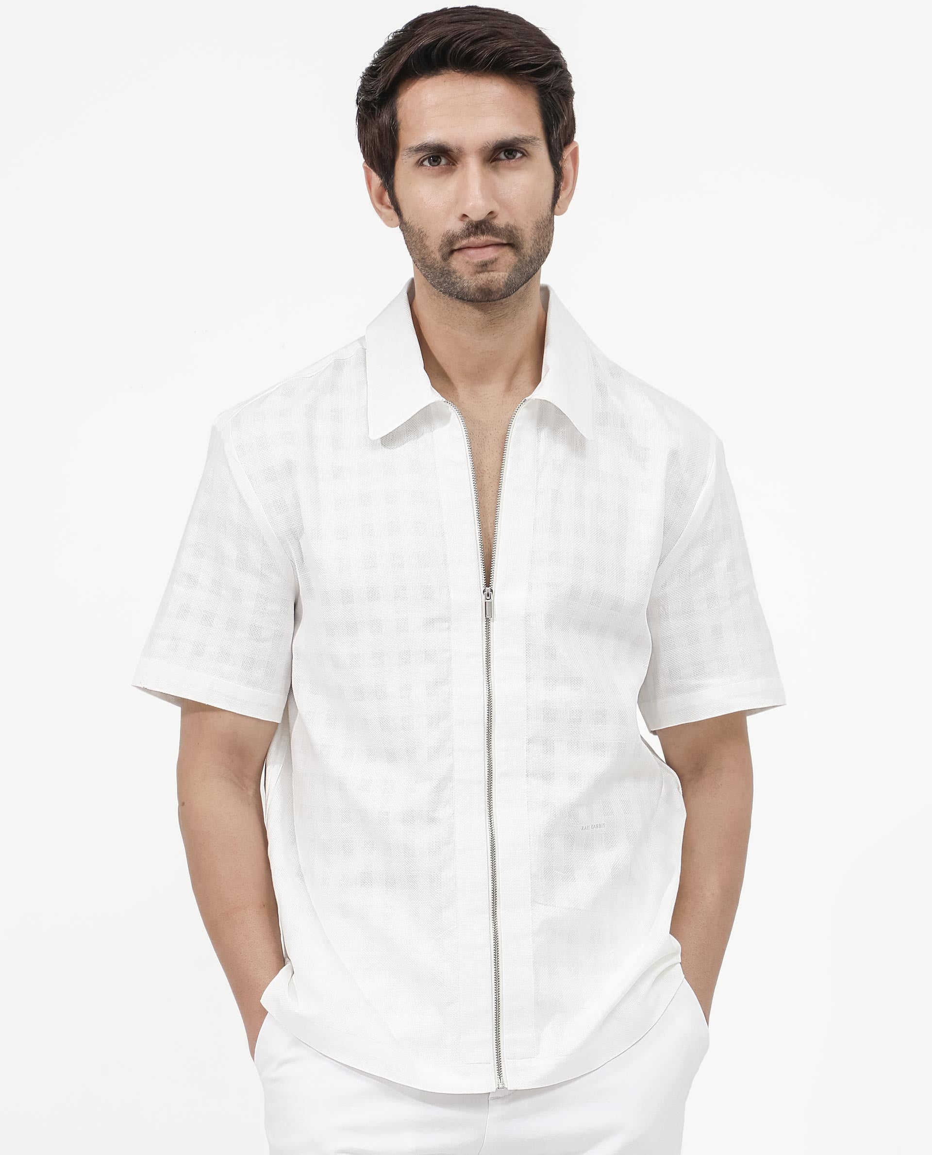 Rare Rabbit Men's Carmenz White Cotton Fabric Short Sleeves Collared Neck Plain Boxy Fit Shirt