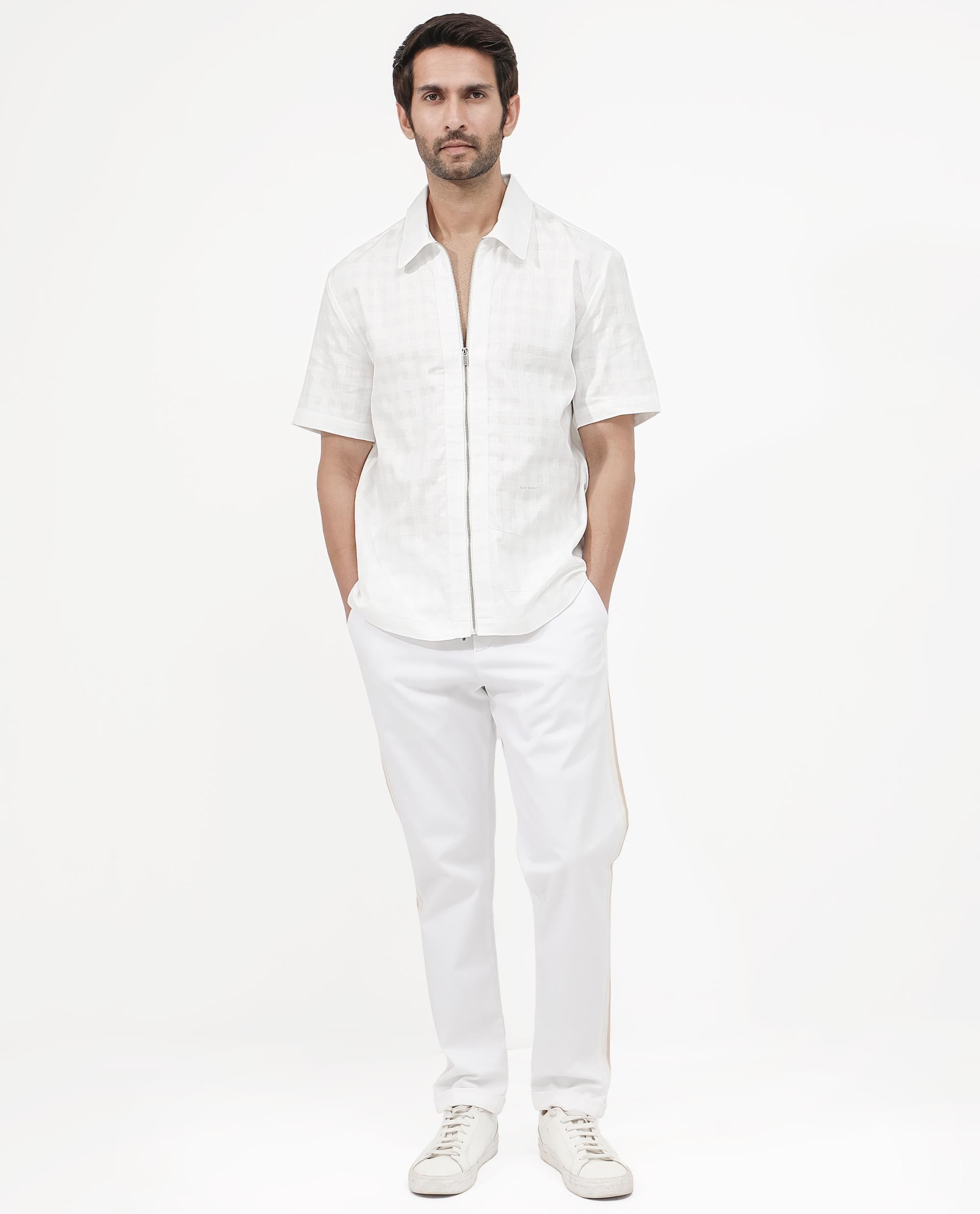 Rare Rabbit Men's Carmenz White Cotton Fabric Short Sleeves Collared Neck Plain Boxy Fit Shirt