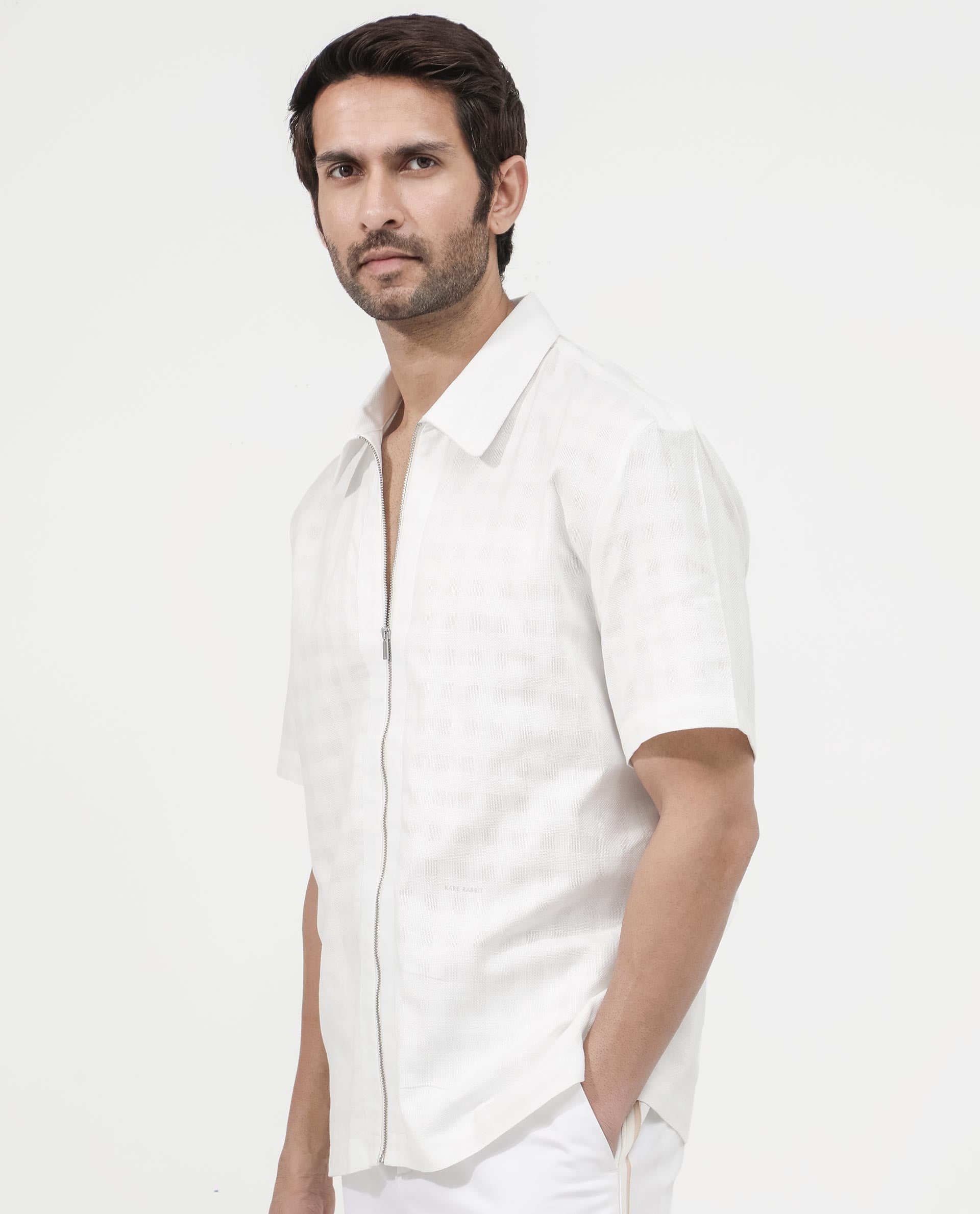 Rare Rabbit Men's Carmenz White Cotton Fabric Short Sleeves Collared Neck Plain Boxy Fit Shirt