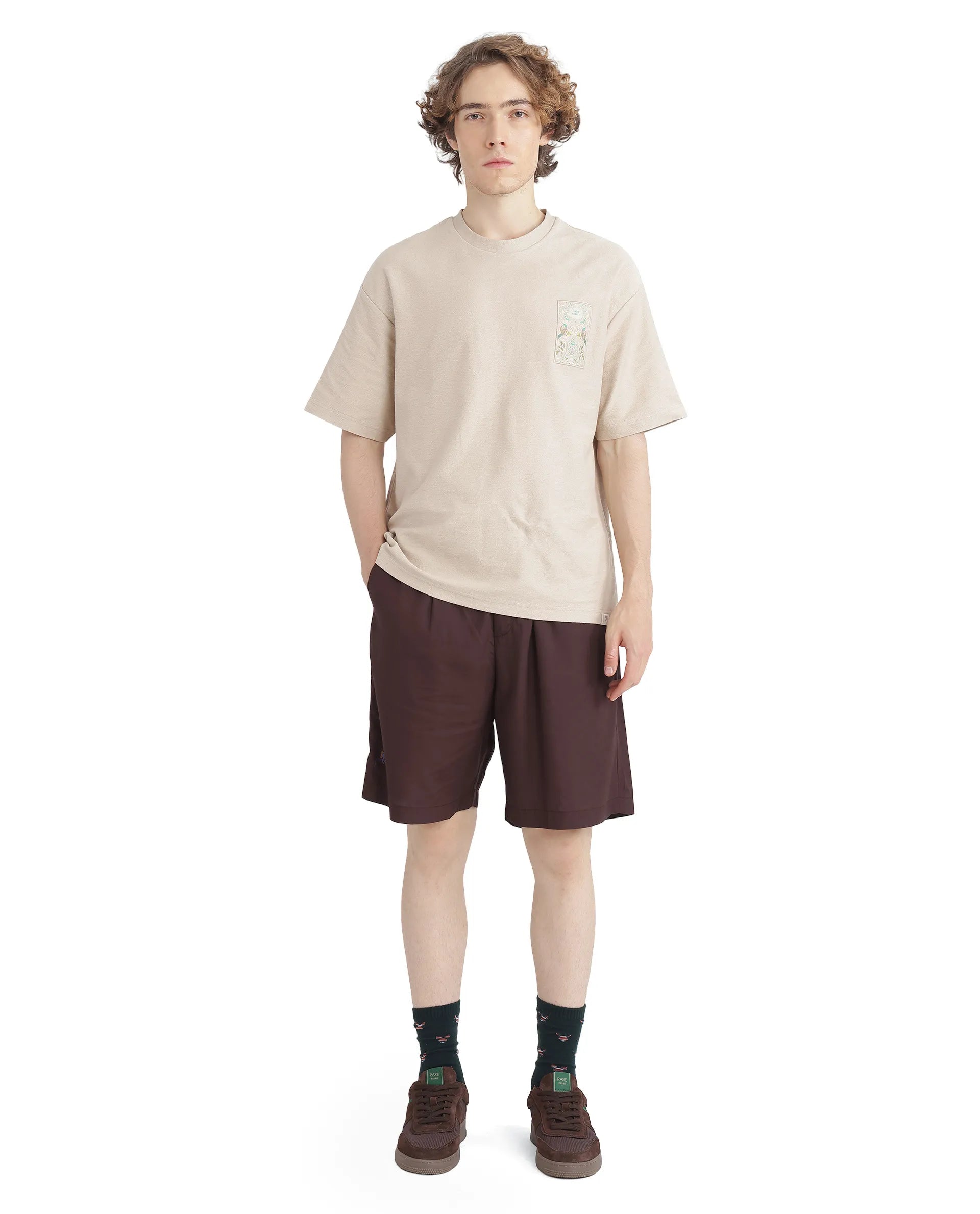 Rare Rabbit Men's Carn-B Brown Cotton Fabric Mid Rise Button Closure Oversized Fit Plain Shorts
