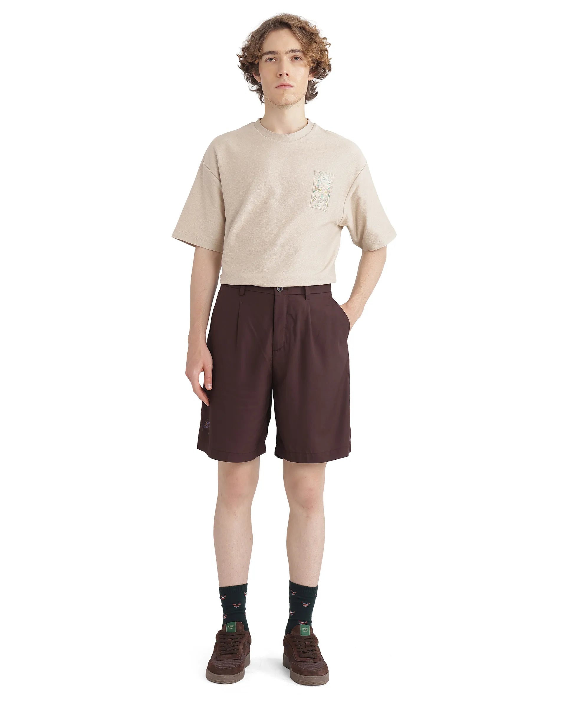 Rare Rabbit Men's Carn-B Brown Cotton Fabric Mid Rise Button Closure Oversized Fit Plain Shorts