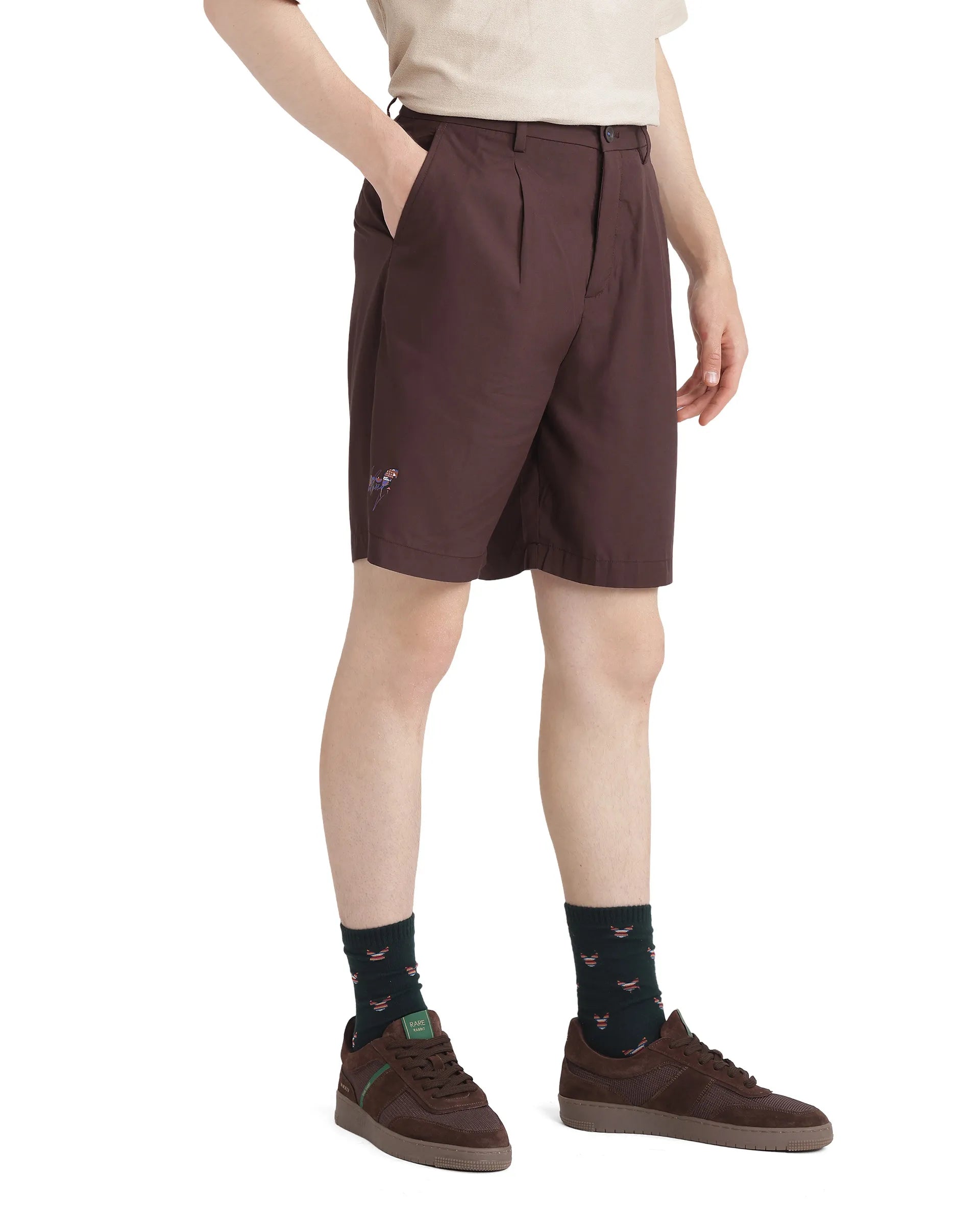 Rare Rabbit Men's Carn-B Brown Cotton Fabric Mid Rise Button Closure Oversized Fit Plain Shorts