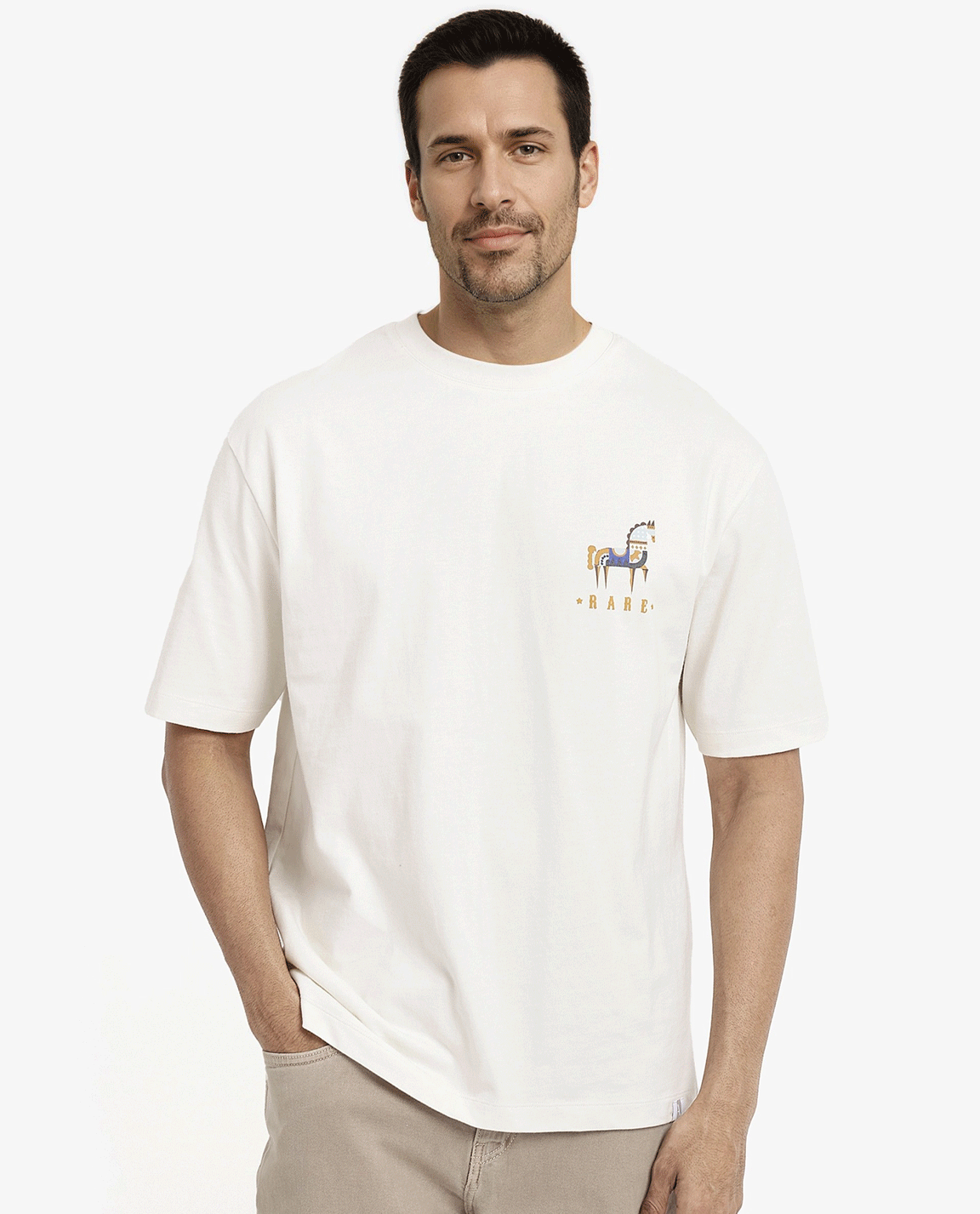 Rare Rabbit Men Carn Off White Short Sleeve Crew Neck Oversized Fit Animal Printed T-Shirt