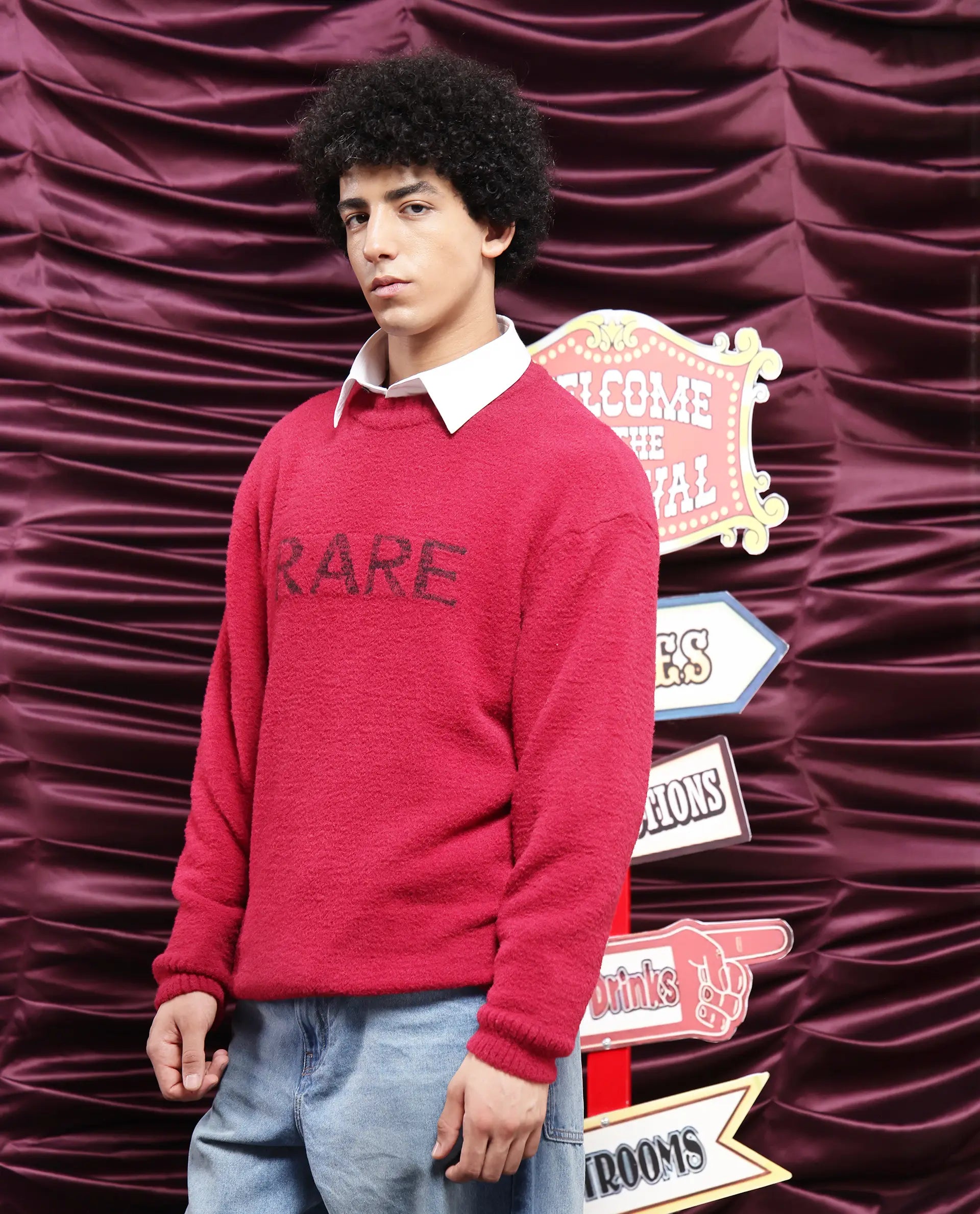 Rare Rabbit Men's Zeo Dark Red Ribbed Full Sleeves and Crew Neck Collar Regular Fit Branded Sweater