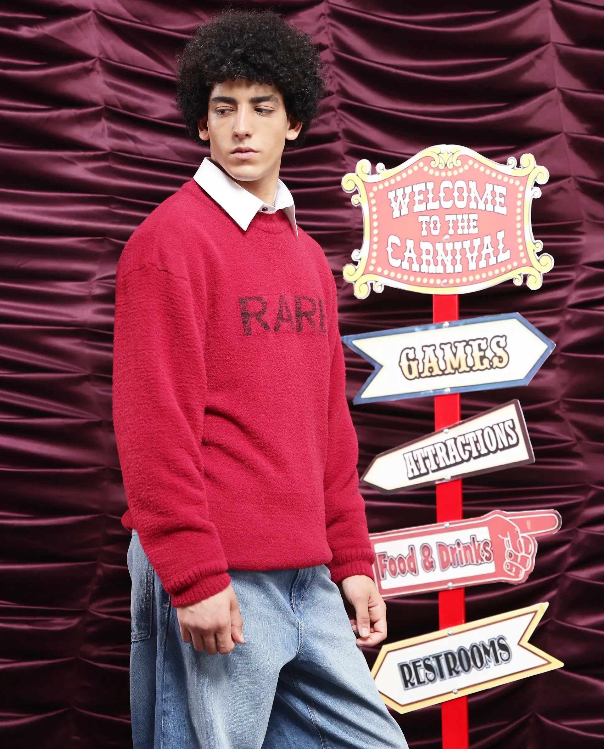 Rare Rabbit Men's Zeo Dark Red Ribbed Full Sleeves and Crew Neck Collar Regular Fit Branded Sweater