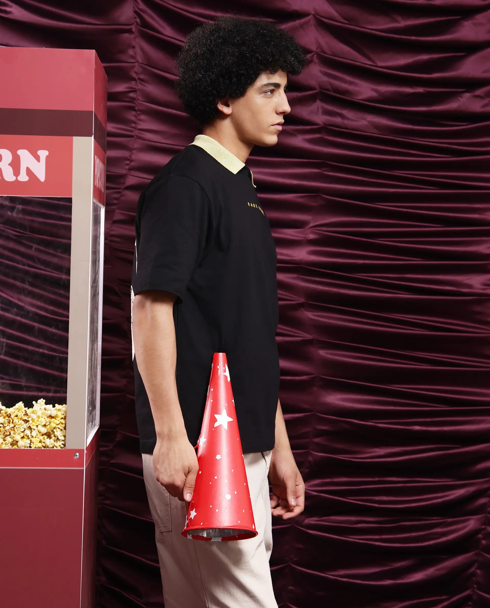 Rare Rabbit Men Tyga Black Cotton Fabric Short Sleeve Crew Neck Oversized Fit Graphic Back Print T-Shirt