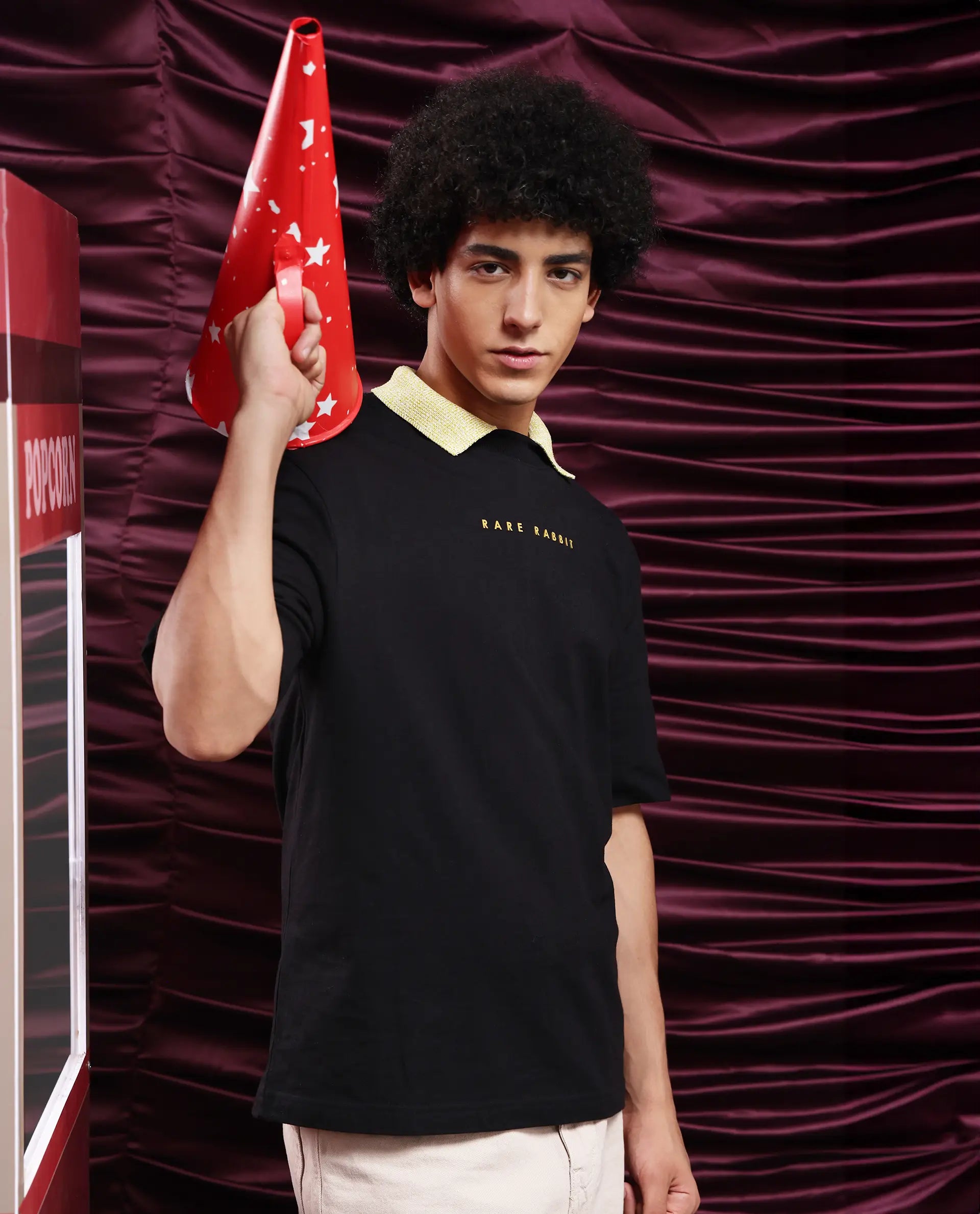 Rare Rabbit Men Tyga Black Cotton Fabric Short Sleeve Crew Neck Oversized Fit Graphic Back Print T-Shirt