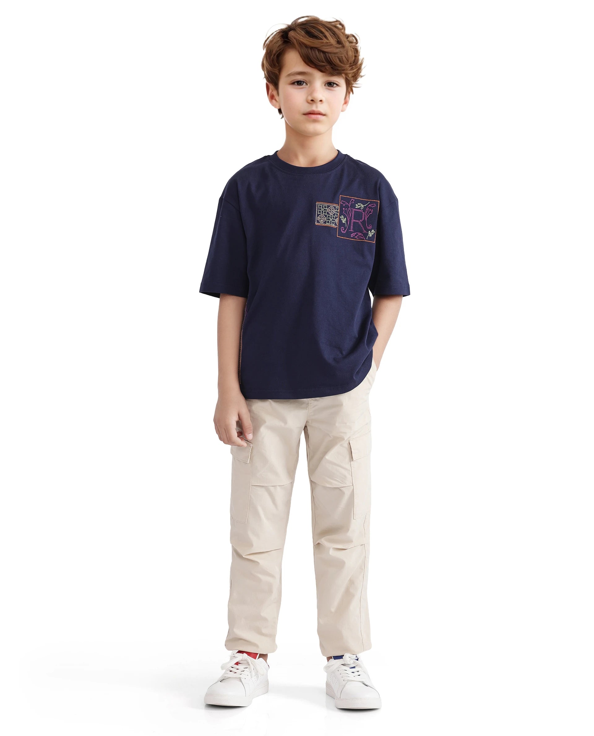 Rare Ones Kids Carn Navy Cotton Short Sleeve Embroidered Boxy Fit T-Shirt
