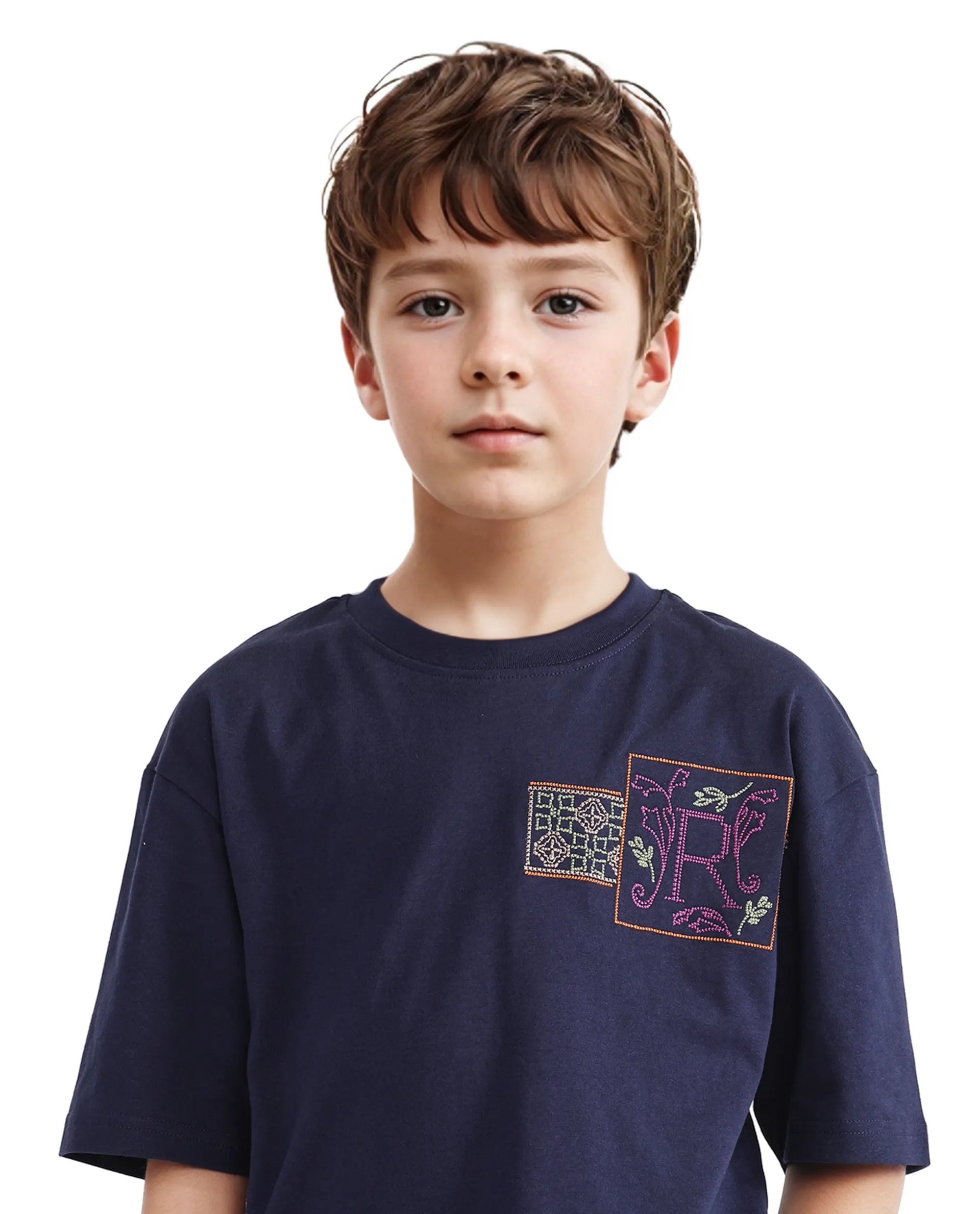 Rare Ones Kids Carn Navy Cotton Short Sleeve Embroidered Boxy Fit T-Shirt