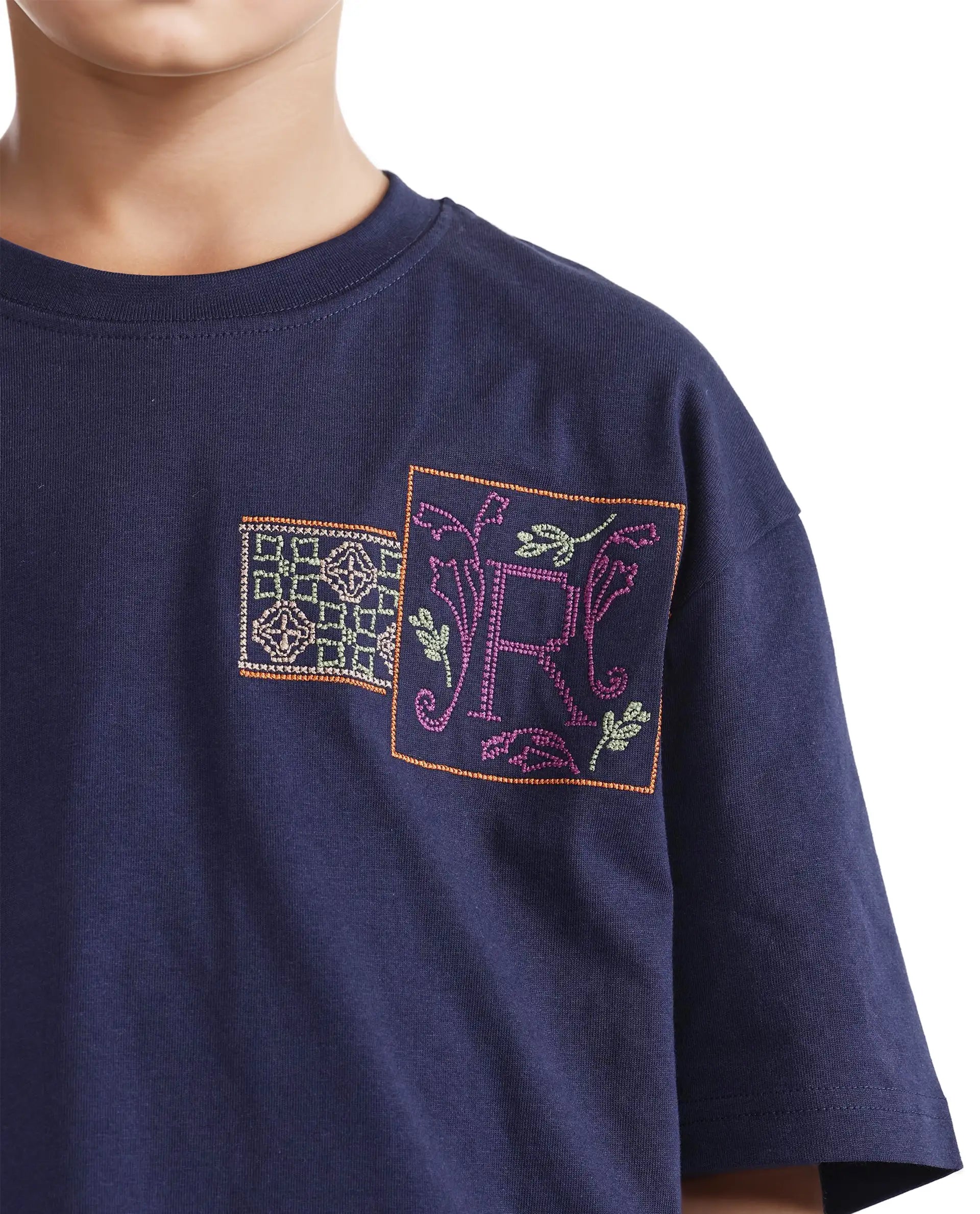 Rare Ones Kids Carn Navy Cotton Short Sleeve Embroidered Boxy Fit T-Shirt