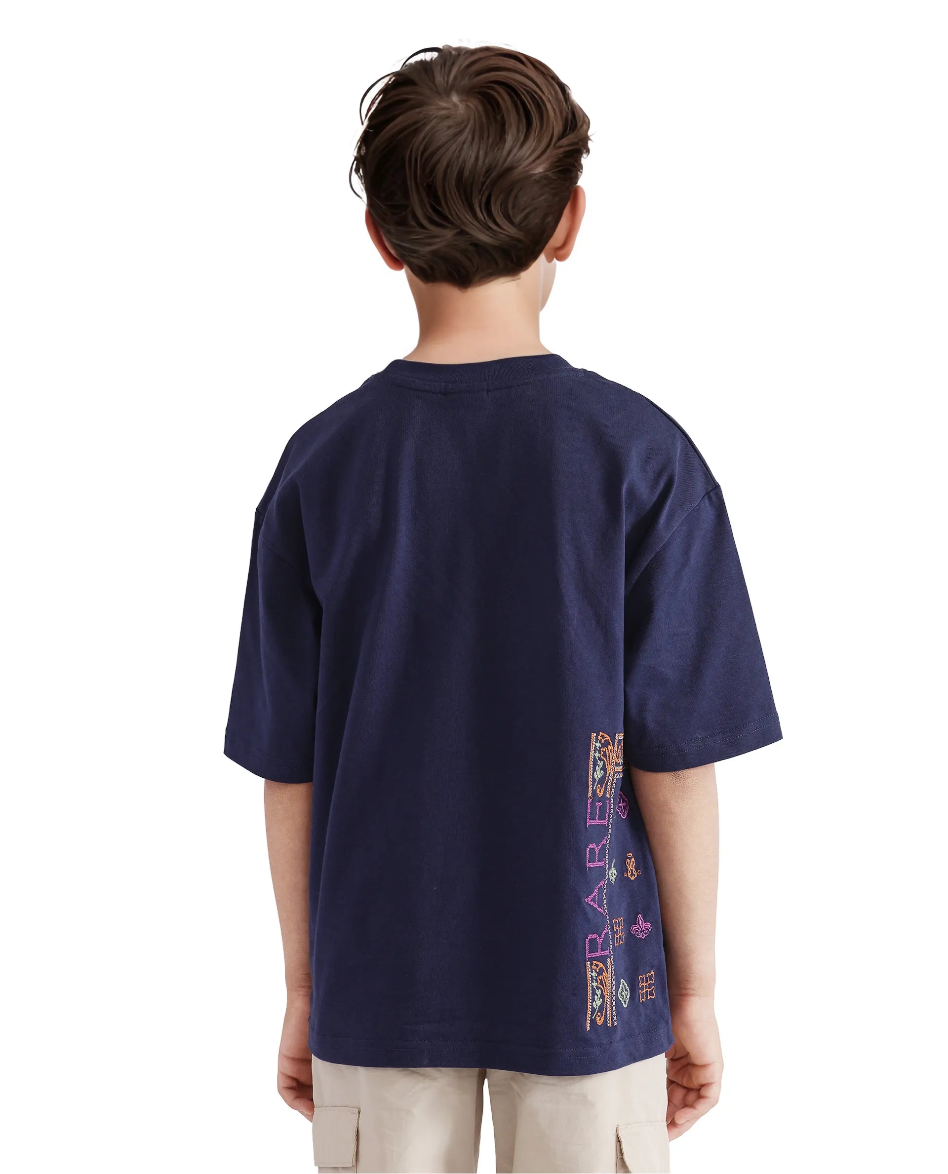Rare Ones Kids Carn Navy Cotton Short Sleeve Embroidered Boxy Fit T-Shirt