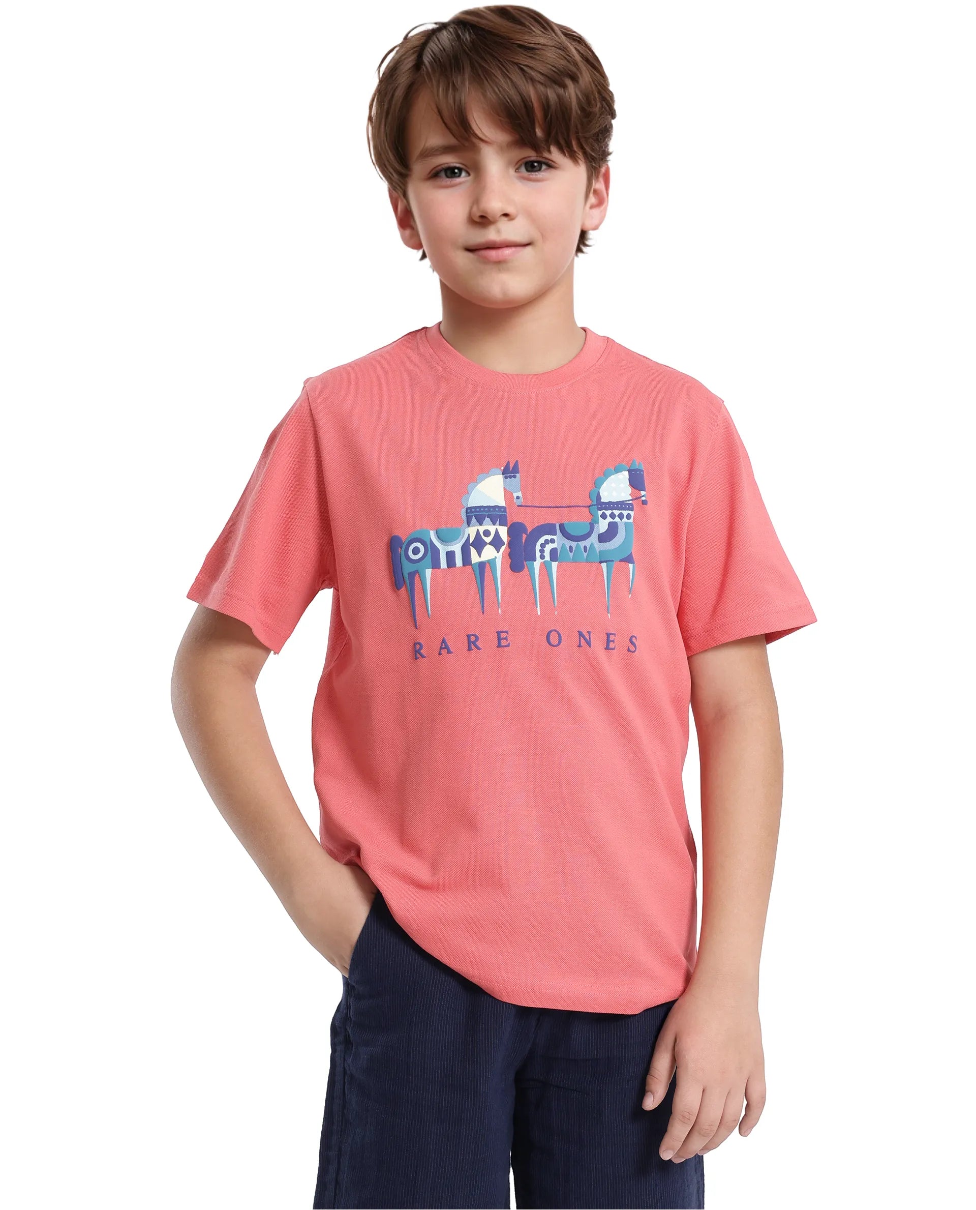 Rare Ones Kids Carno Peach Cotton Fabric Half Sleeves Crew Neck Graphic Print T-Shirt