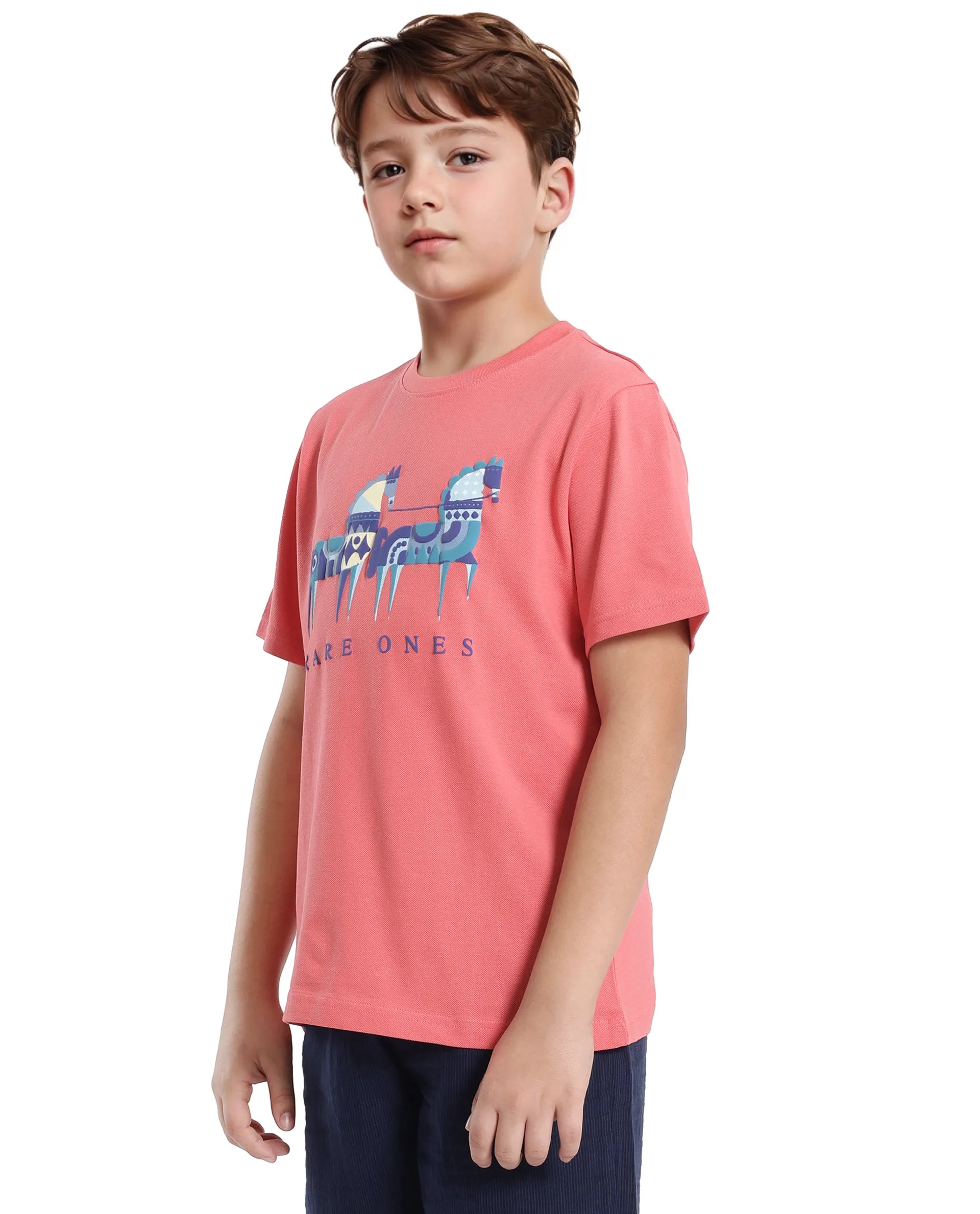 Rare Ones Kids Carno Peach Cotton Fabric Half Sleeves Crew Neck Graphic Print T-Shirt