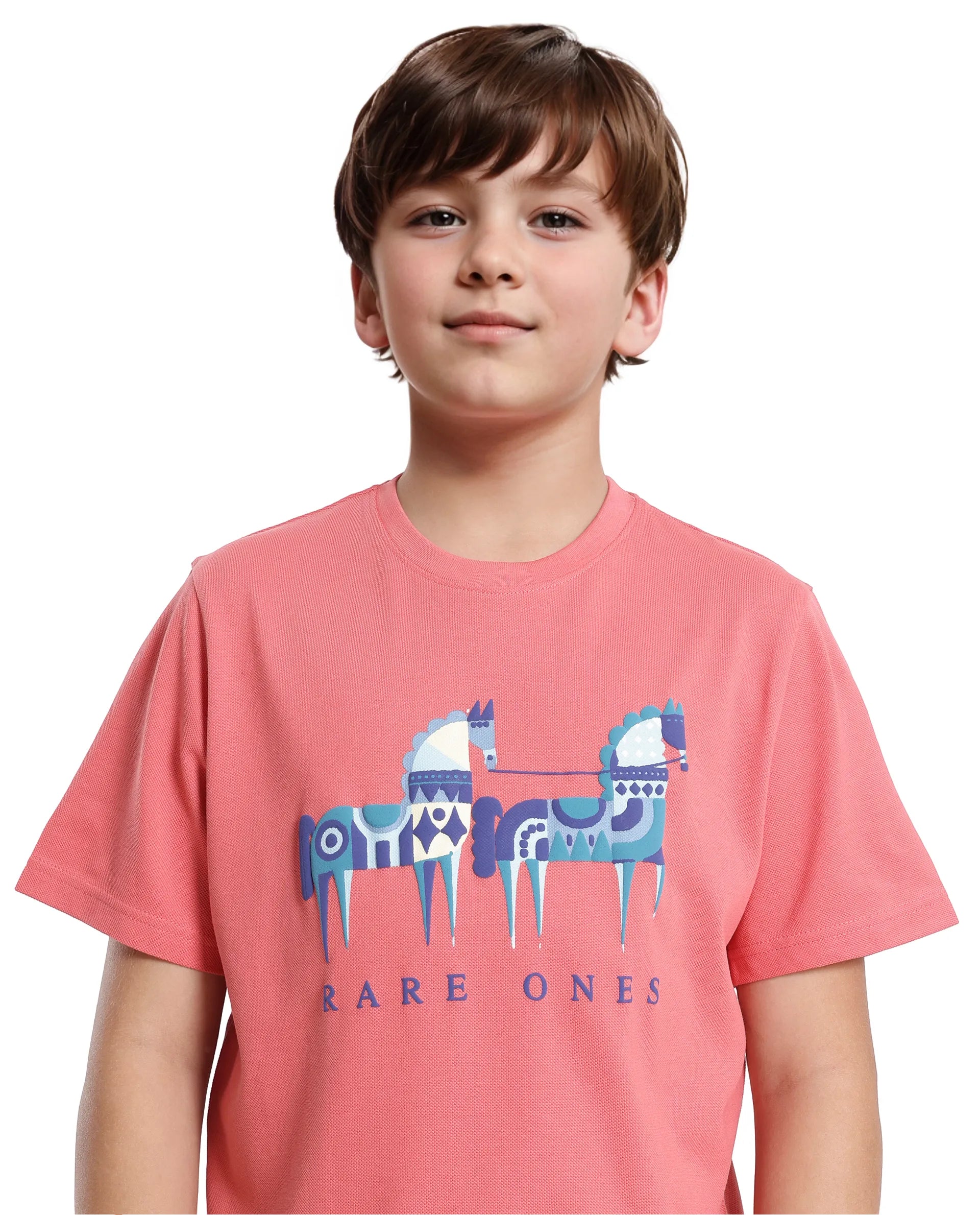 Rare Ones Kids Carno Peach Cotton Fabric Half Sleeves Crew Neck Graphic Print T-Shirt