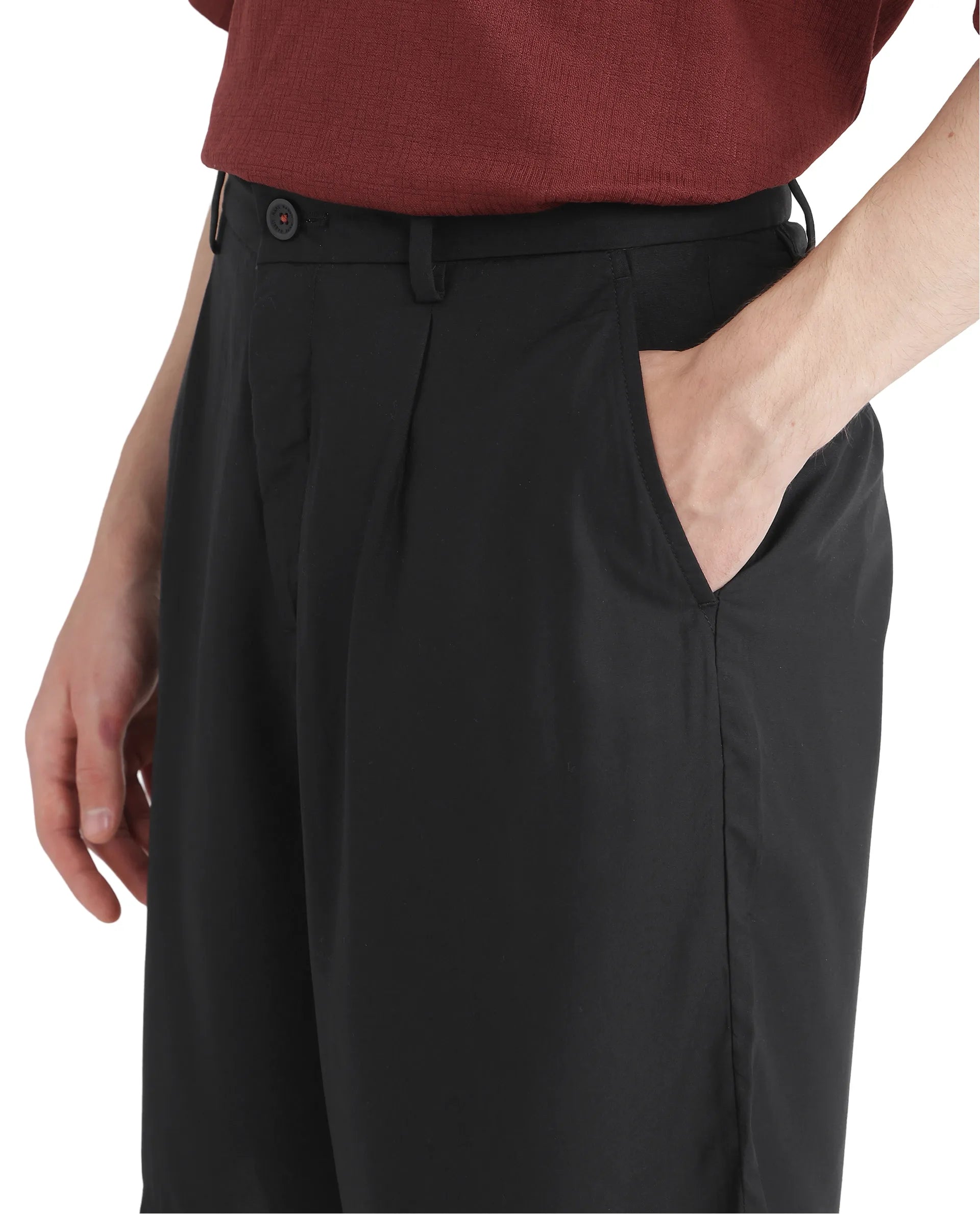 Rare Rabbit Men's Caro-B Black Cotton Fabric Mid Rise Button Closure Oversized Fit Plain Shorts