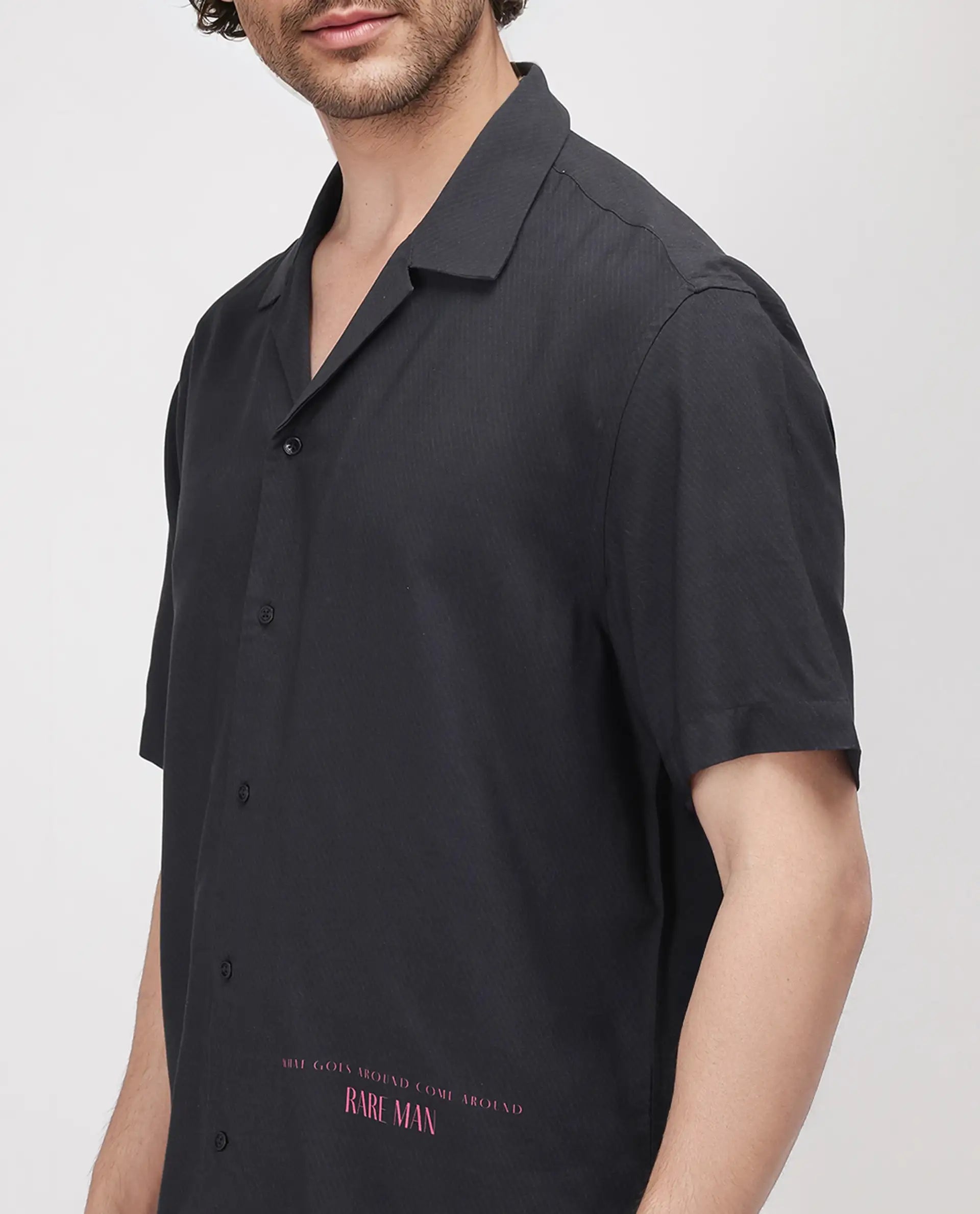 Rare Rabbit Men's Caro-S Black Cotton Fabric Short Sleeve Collared Neck Button Closure Printed Shirt