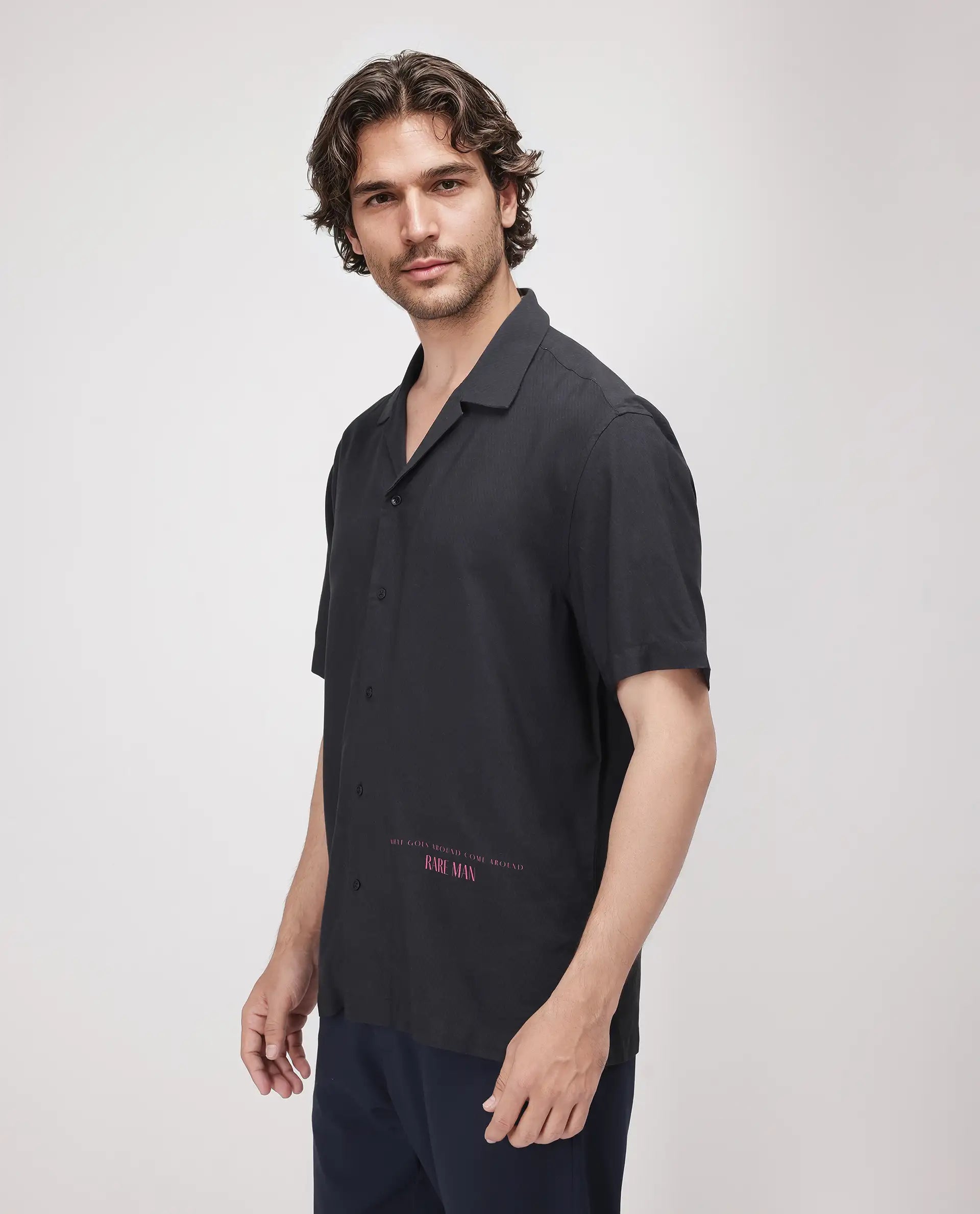 Rare Rabbit Men's Caro-S Black Cotton Fabric Short Sleeve Collared Neck Button Closure Printed Shirt