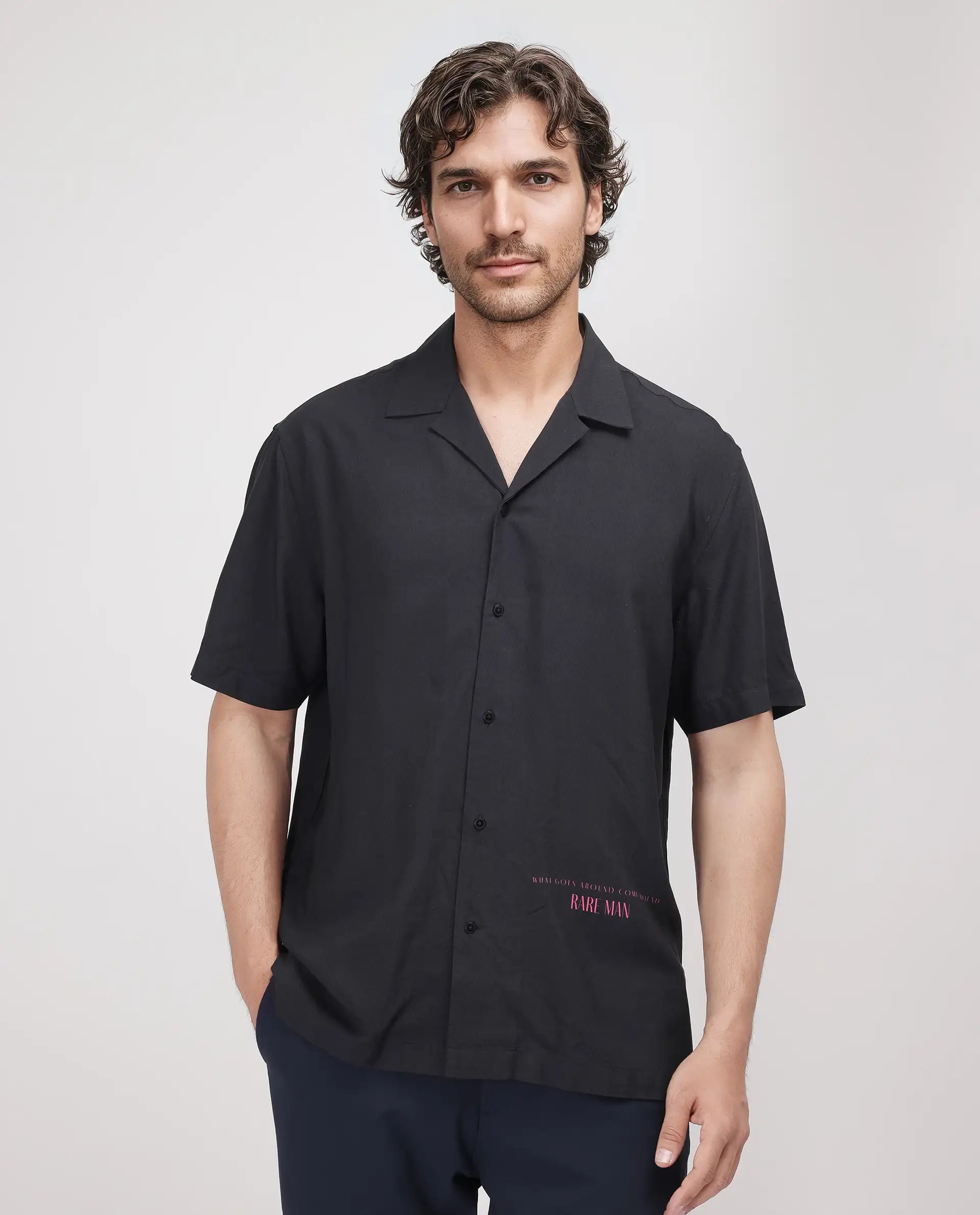 Rare Rabbit Men's Caro-S Black Cotton Fabric Short Sleeve Collared Neck Button Closure Printed Shirt