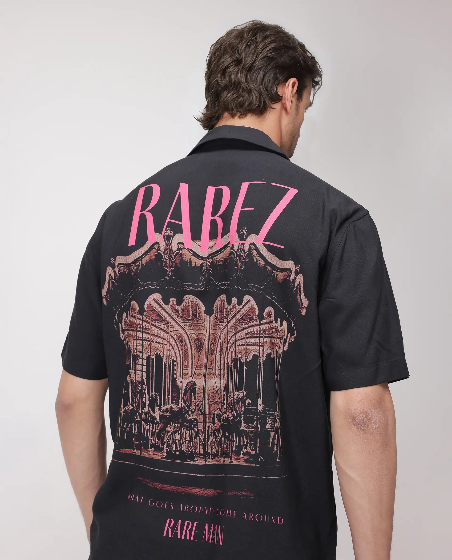 Rare Rabbit Men's Caro-S Black Cotton Fabric Short Sleeve Collared Neck Button Closure Printed Shirt