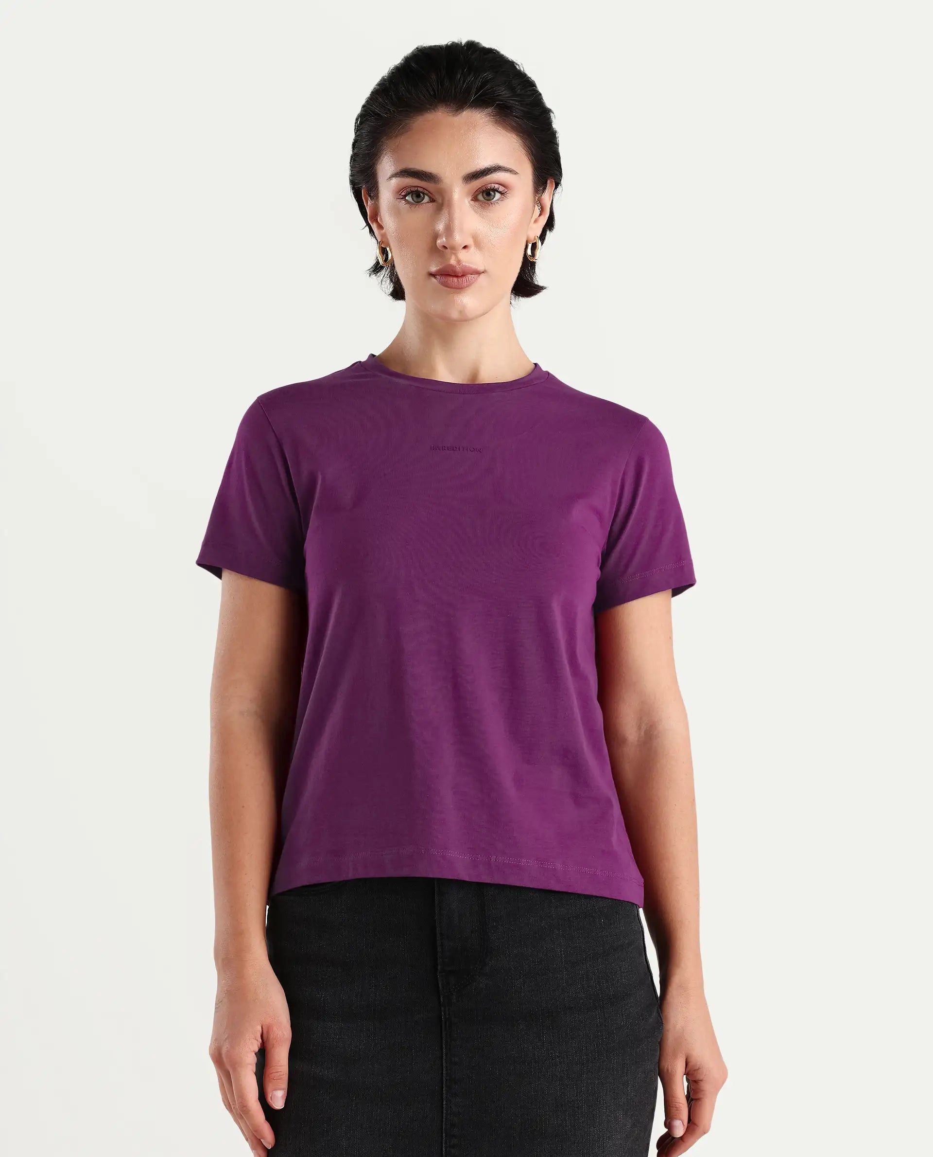 Rareism Women's Carob Dark Pink Cotton Blend Crew Neck Plain Regular Fit T-Shirt