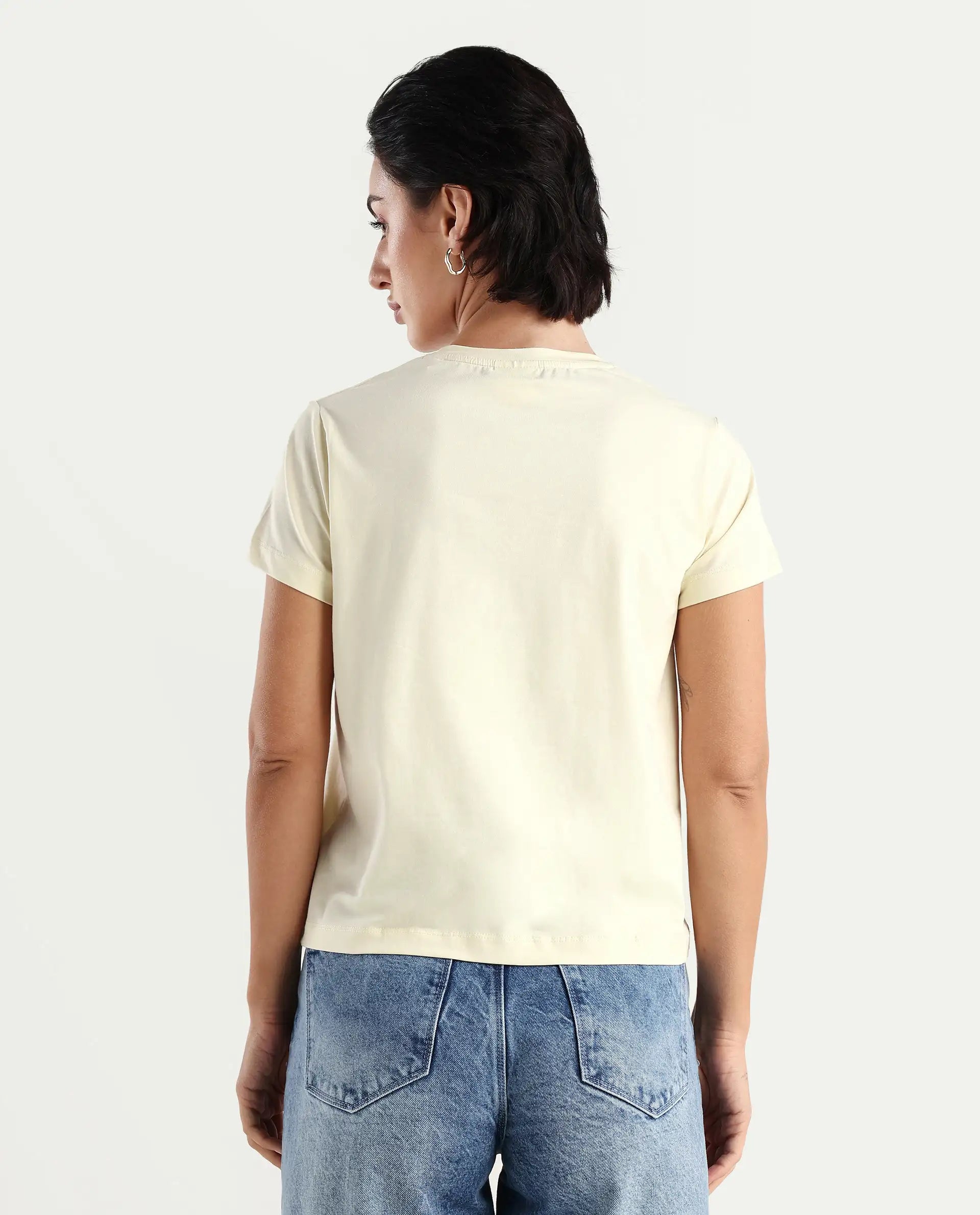 Rareism Women's Carob Off White Cotton Blend Crew Neck Typography Print Regular Fit T-Shirt