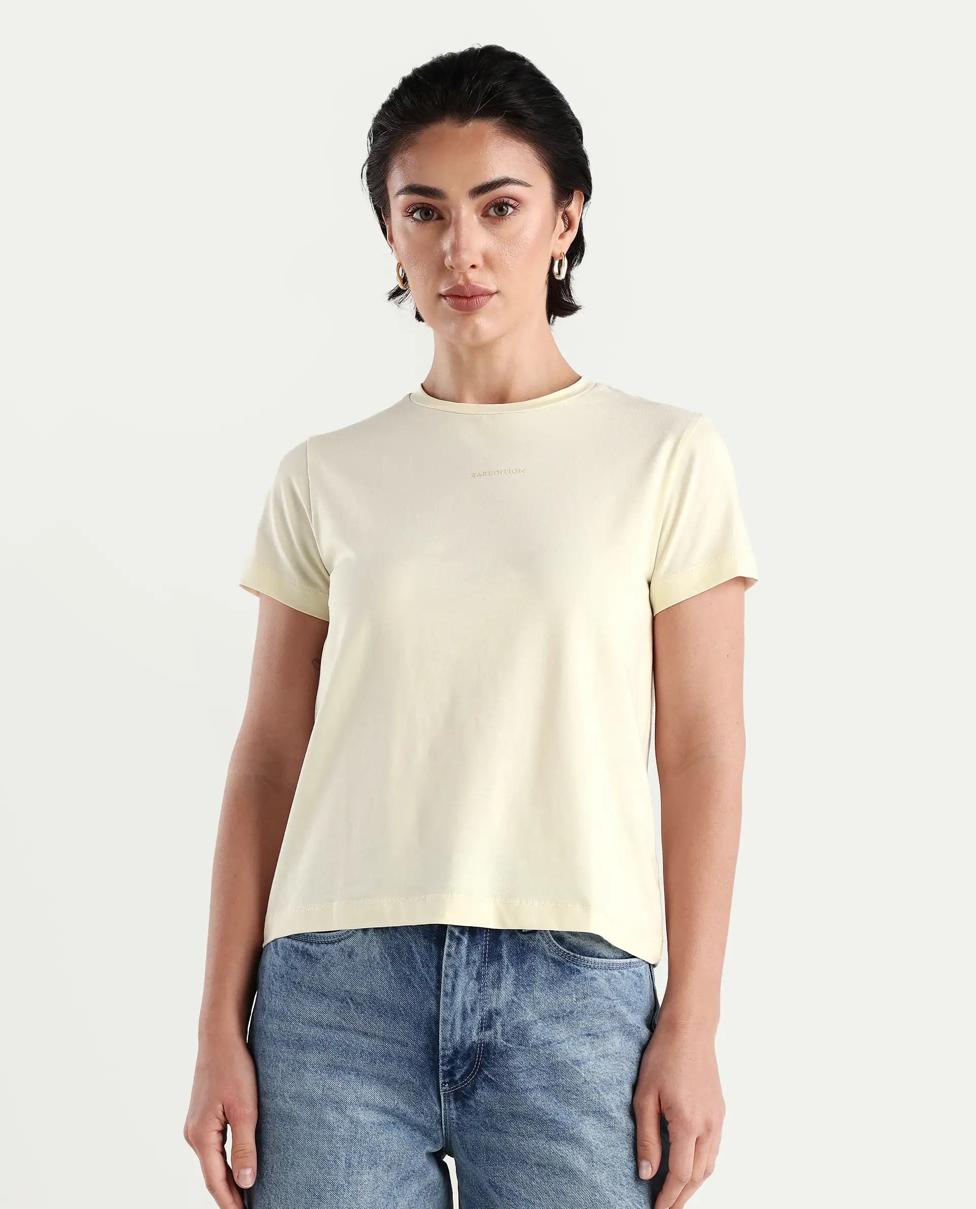 Rareism Women's Carob Off White Cotton Blend Crew Neck Typography Print Regular Fit T-Shirt