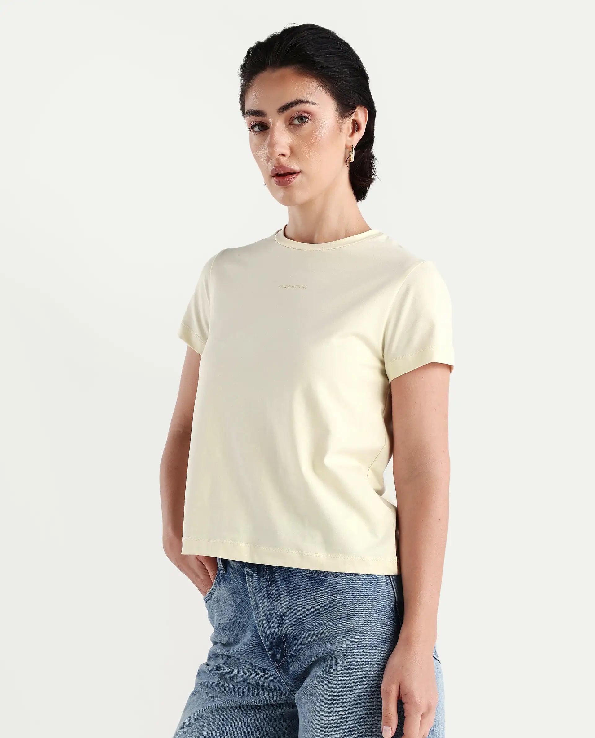 Rareism Women's Carob Off White Cotton Blend Crew Neck Typography Print Regular Fit T-Shirt