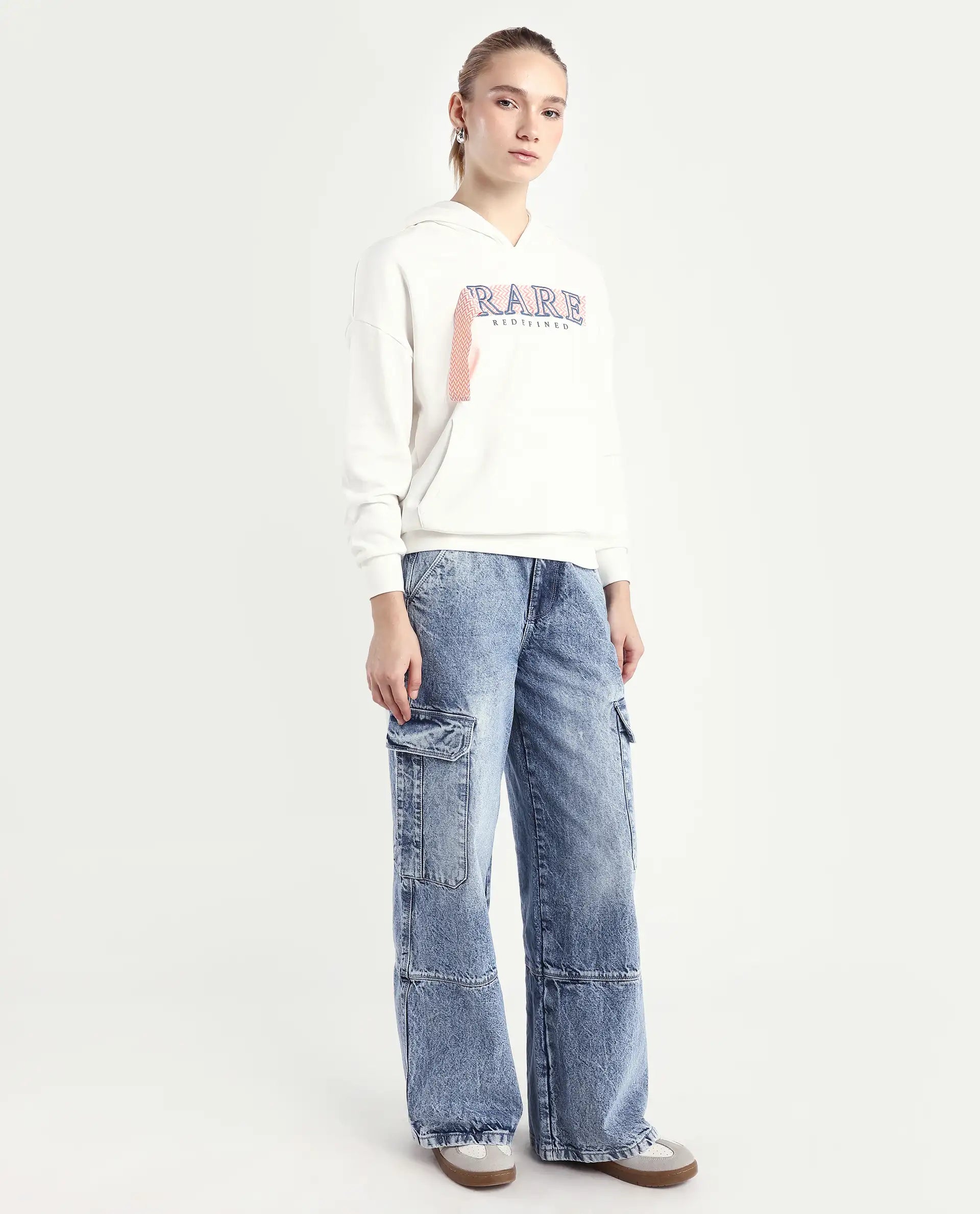 Rareism Women's Caro Light Blue Cotton Plain Ankle Length Baggy Jeans