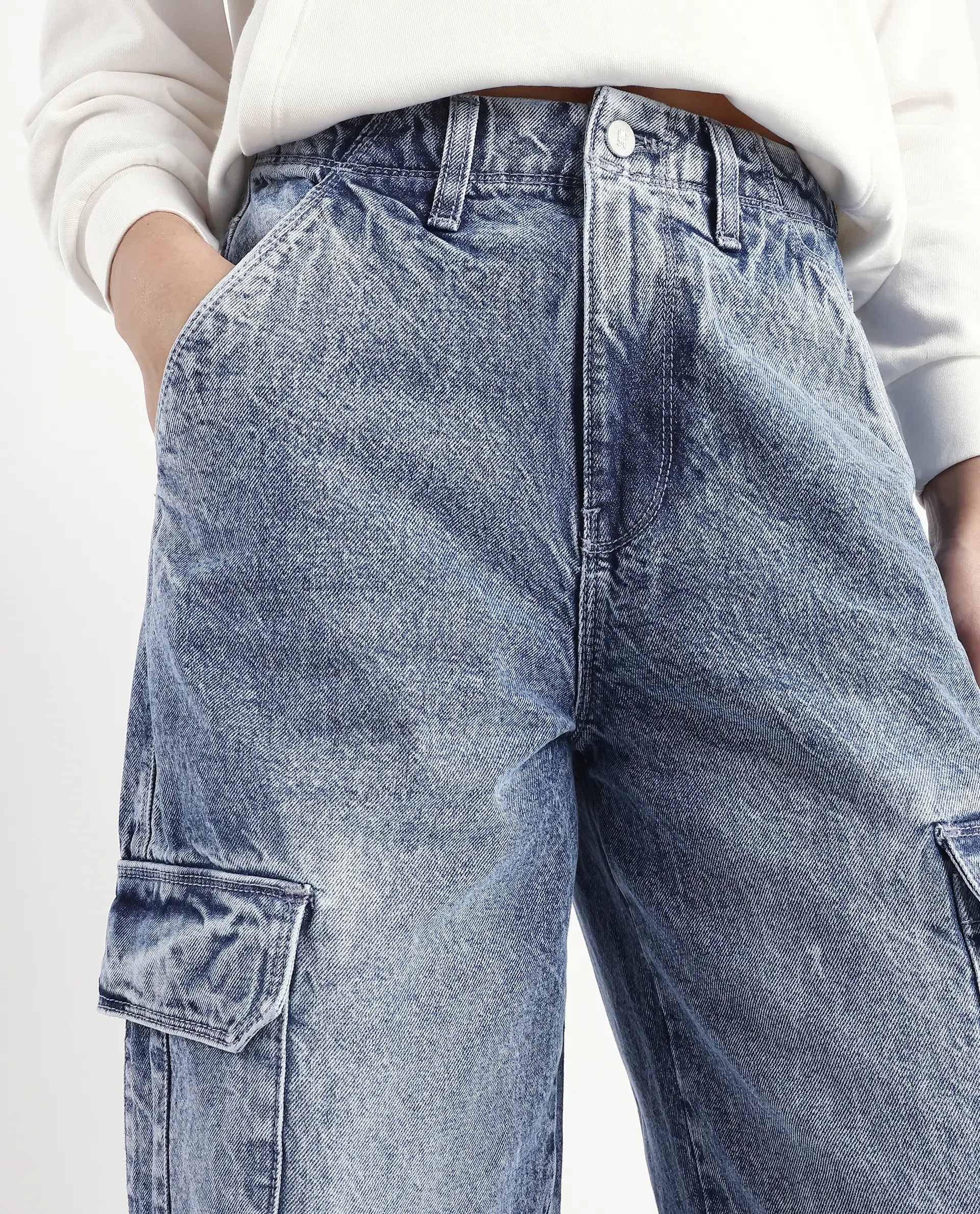 Rareism Women's Caro Light Blue Cotton Plain Ankle Length Baggy Jeans