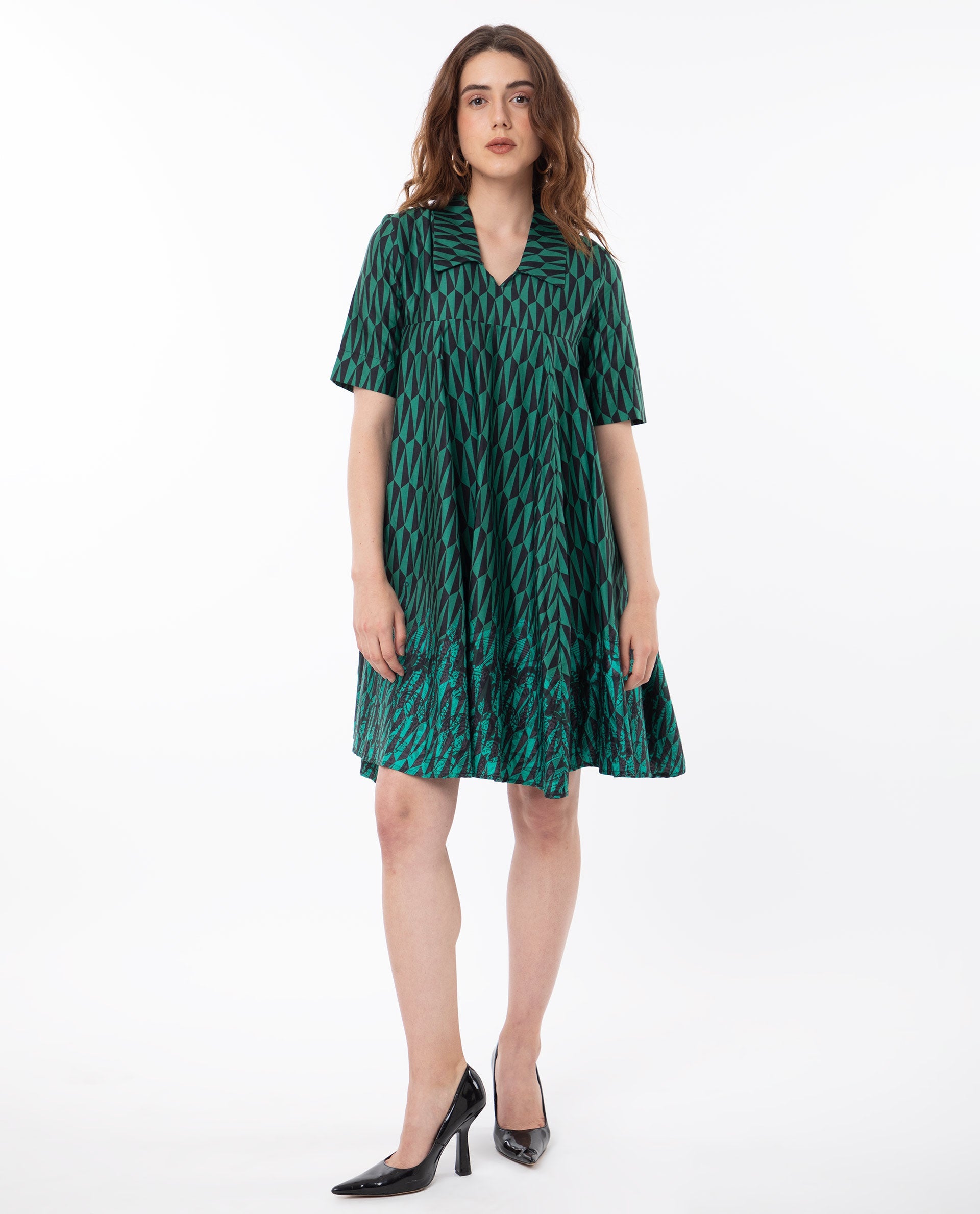 Rareism Women Carolin Green Cotton Fabric Short Sleeves Shirt Collar Fit And Flare Geometric Print Knee Length Boxy Dress