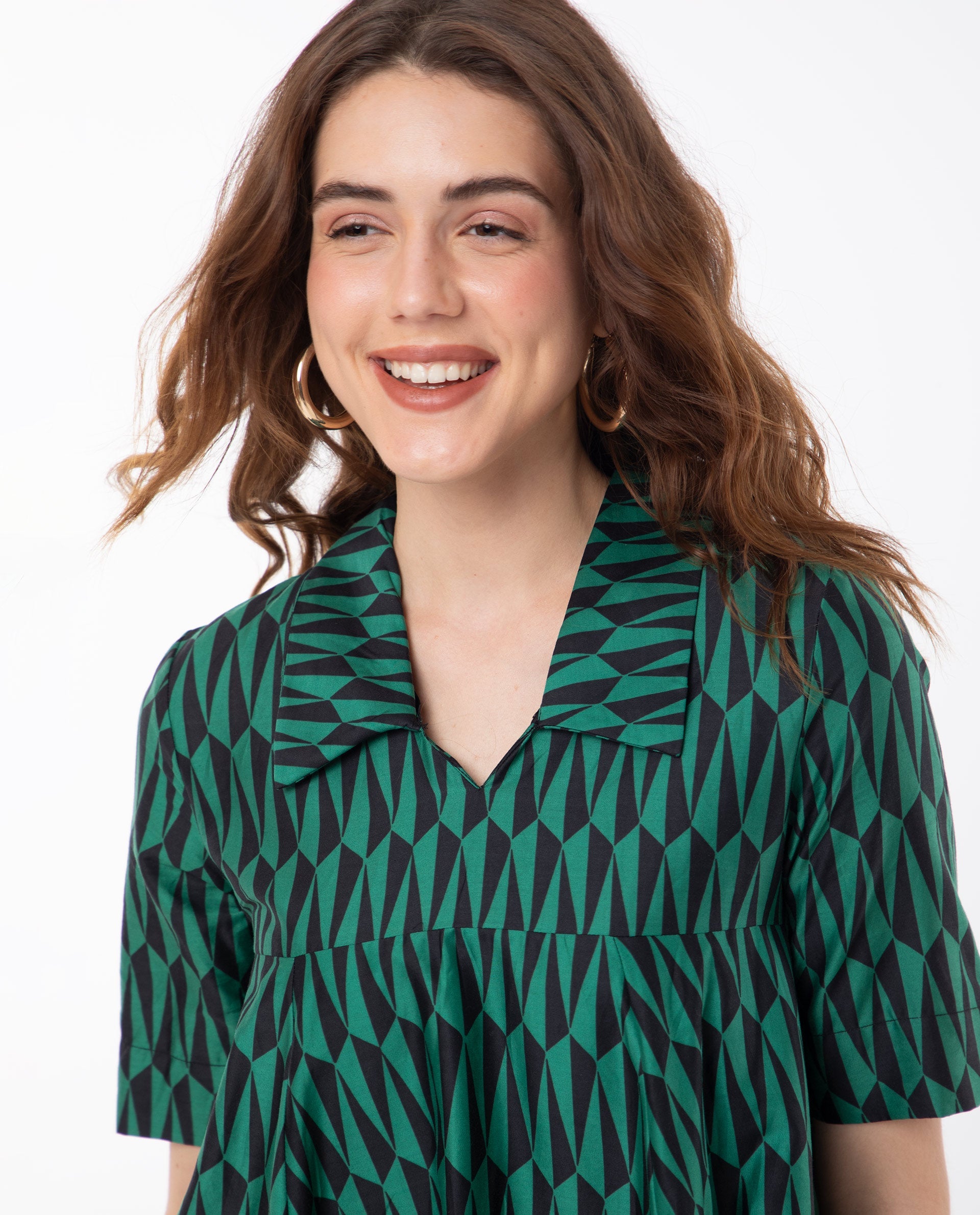 Rareism Women Carolin Green Cotton Fabric Short Sleeves Shirt Collar Fit And Flare Geometric Print Knee Length Boxy Dress