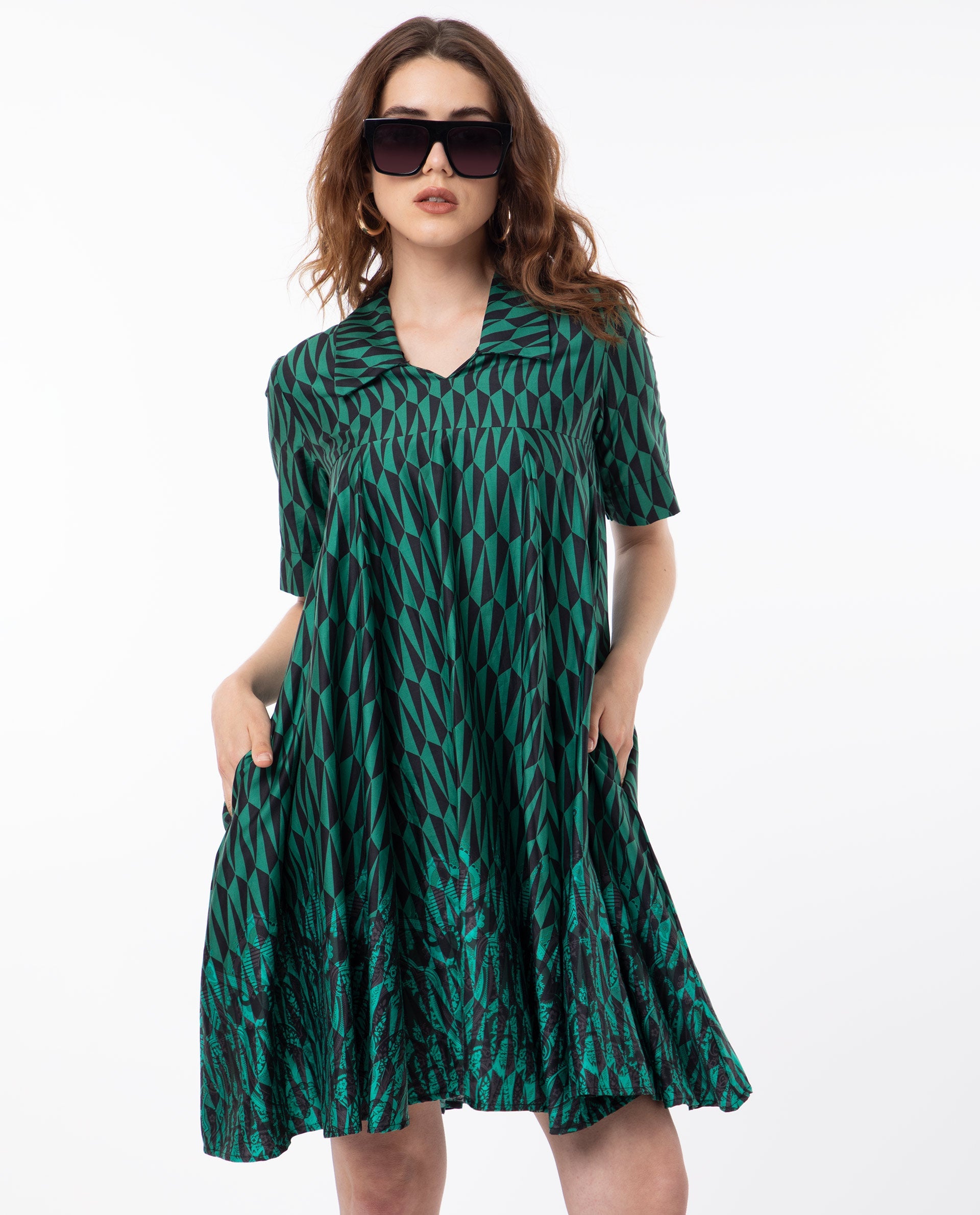Rareism Women Carolin Green Cotton Fabric Short Sleeves Shirt Collar Fit And Flare Geometric Print Knee Length Boxy Dress