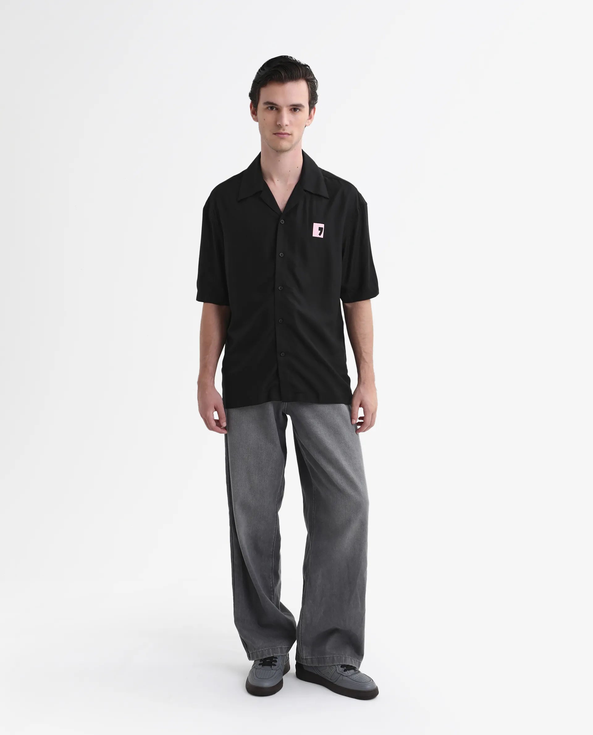 Rare Rabbit Men's Caroo Black Cotton Graphic Print Boxy Fit Half Sleeve Cuban Collar Shirt