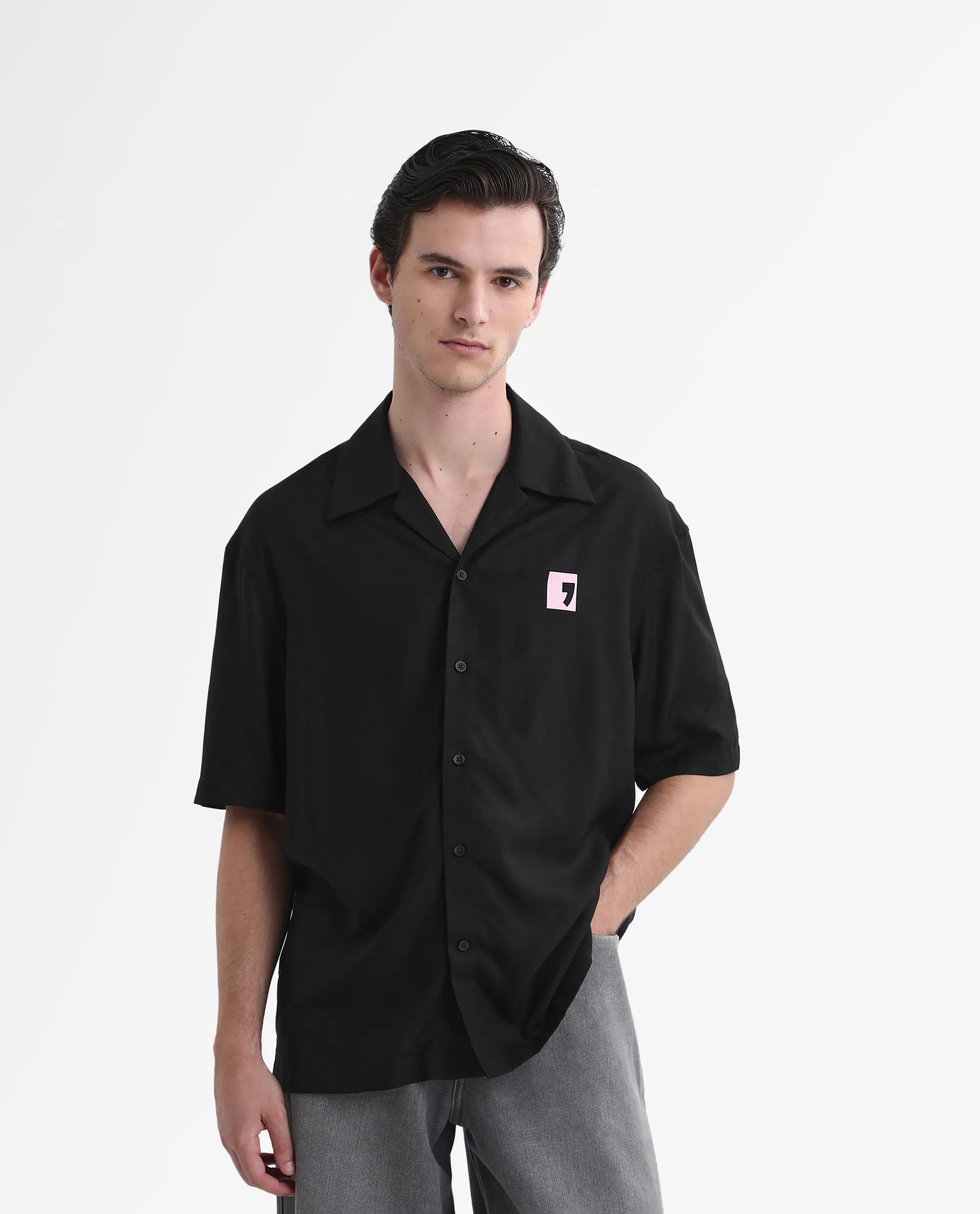 Rare Rabbit Men's Caroo Black Cotton Graphic Print Boxy Fit Half Sleeve Cuban Collar Shirt