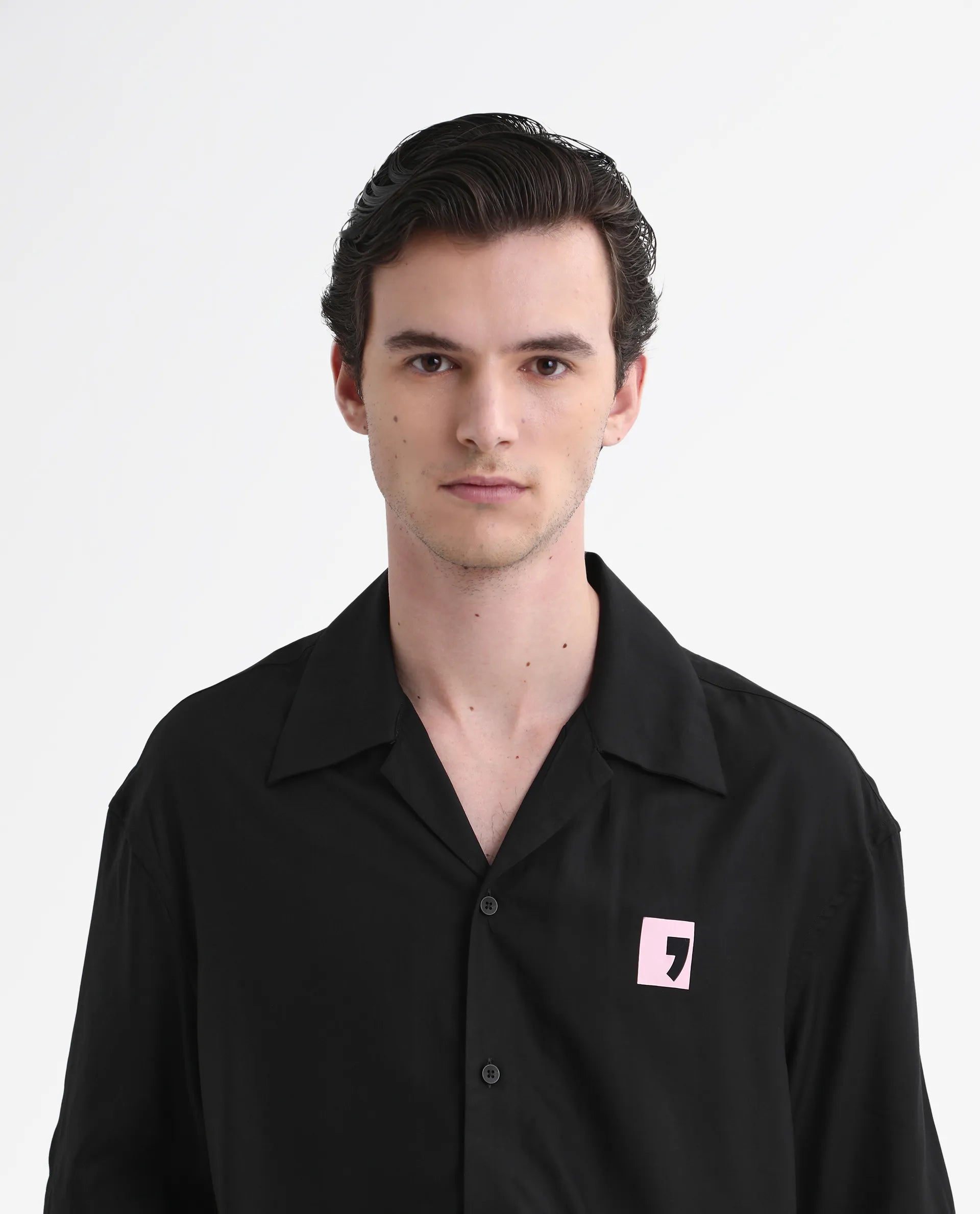 Rare Rabbit Men's Caroo Black Cotton Graphic Print Boxy Fit Half Sleeve Cuban Collar Shirt