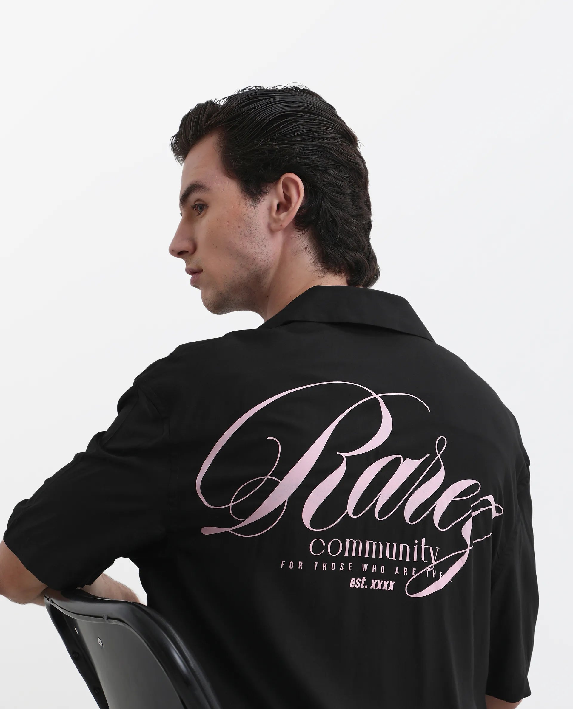 Rare Rabbit Men's Caroo Black Cotton Graphic Print Boxy Fit Half Sleeve Cuban Collar Shirt