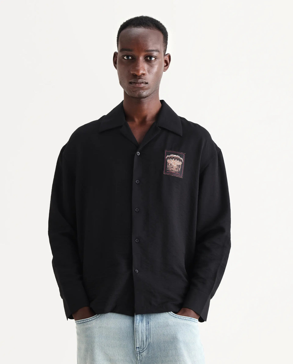Rare Rabbit Men's Carost Black Cotton Applique Print Boxy Fit Full Sleeve Cuban Collar Shirt