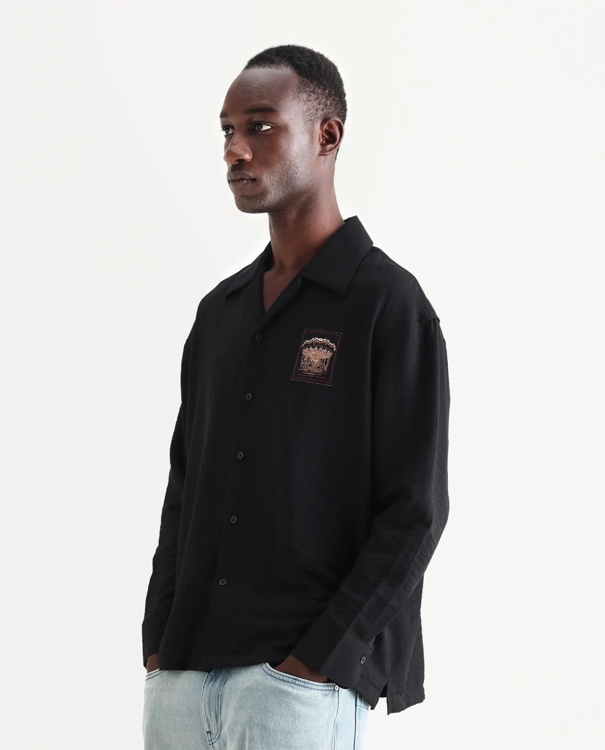 Rare Rabbit Men's Carost Black Cotton Applique Print Boxy Fit Full Sleeve Cuban Collar Shirt