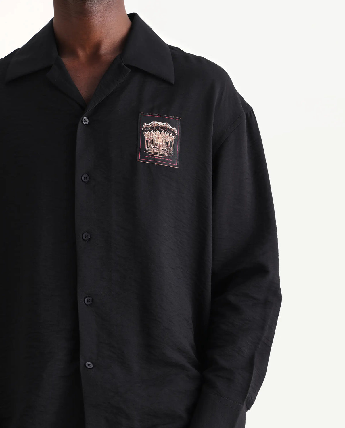 Rare Rabbit Men's Carost Black Cotton Applique Print Boxy Fit Full Sleeve Cuban Collar Shirt