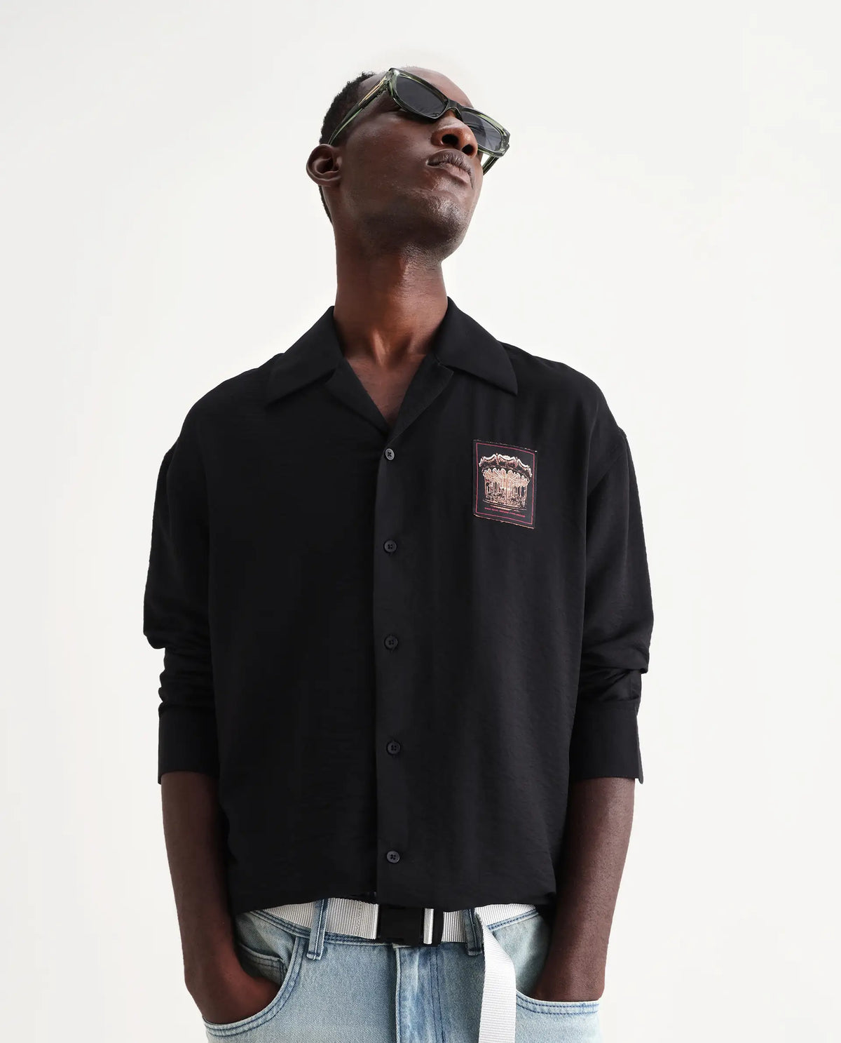 Rare Rabbit Men's Carost Black Cotton Applique Print Boxy Fit Full Sleeve Cuban Collar Shirt