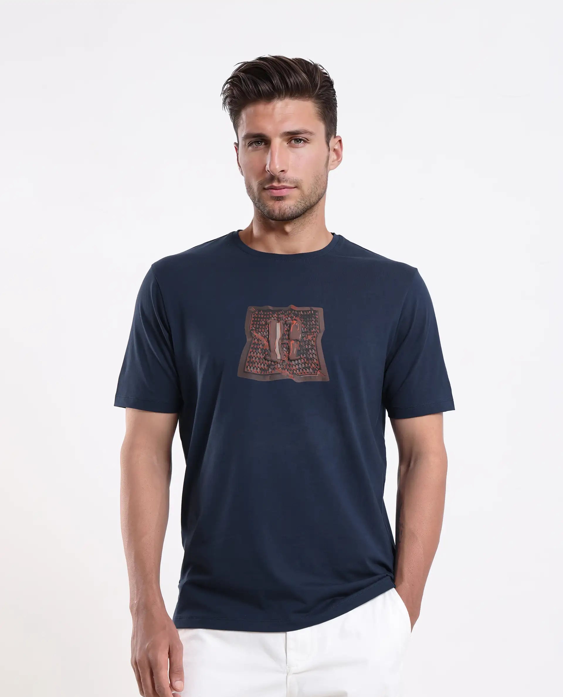 Rare Rabbit Men's Carp Dark Teal Cotton Blend Graphic Print Regular Fit Half Sleeve Crew Neck T-Shirt