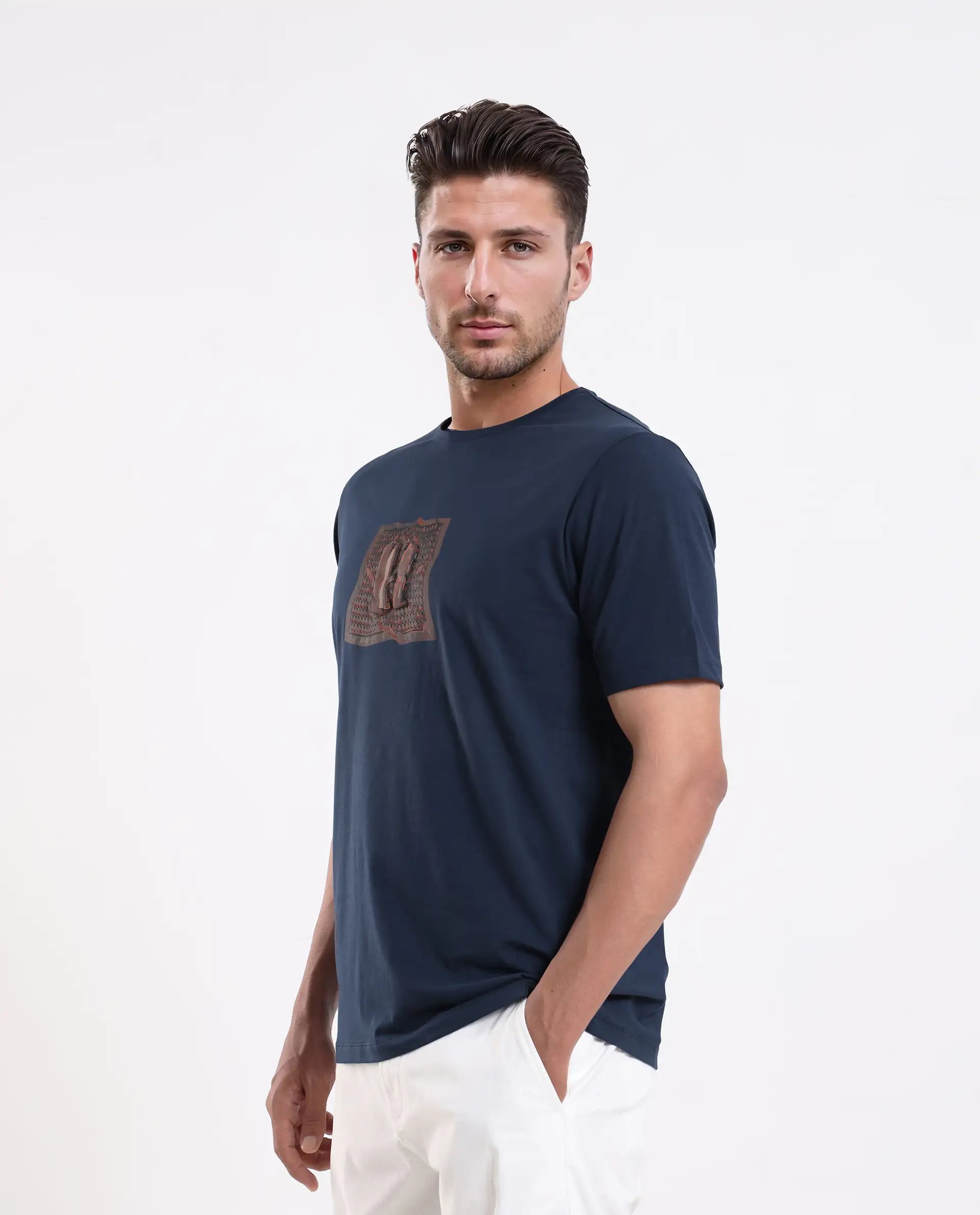 Rare Rabbit Men's Carp Dark Teal Cotton Blend Graphic Print Regular Fit Half Sleeve Crew Neck T-Shirt