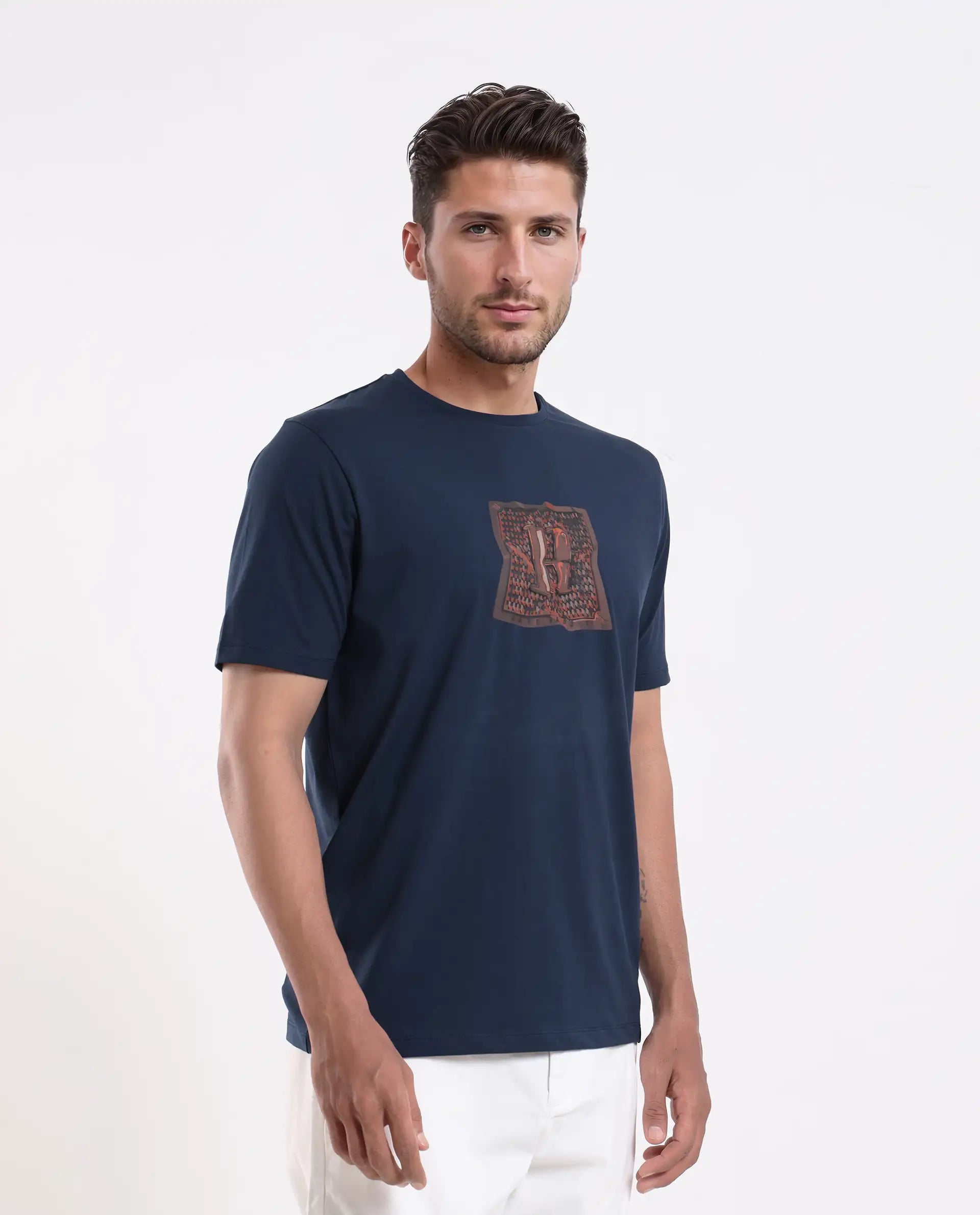 Rare Rabbit Men's Carp Dark Teal Cotton Blend Graphic Print Regular Fit Half Sleeve Crew Neck T-Shirt