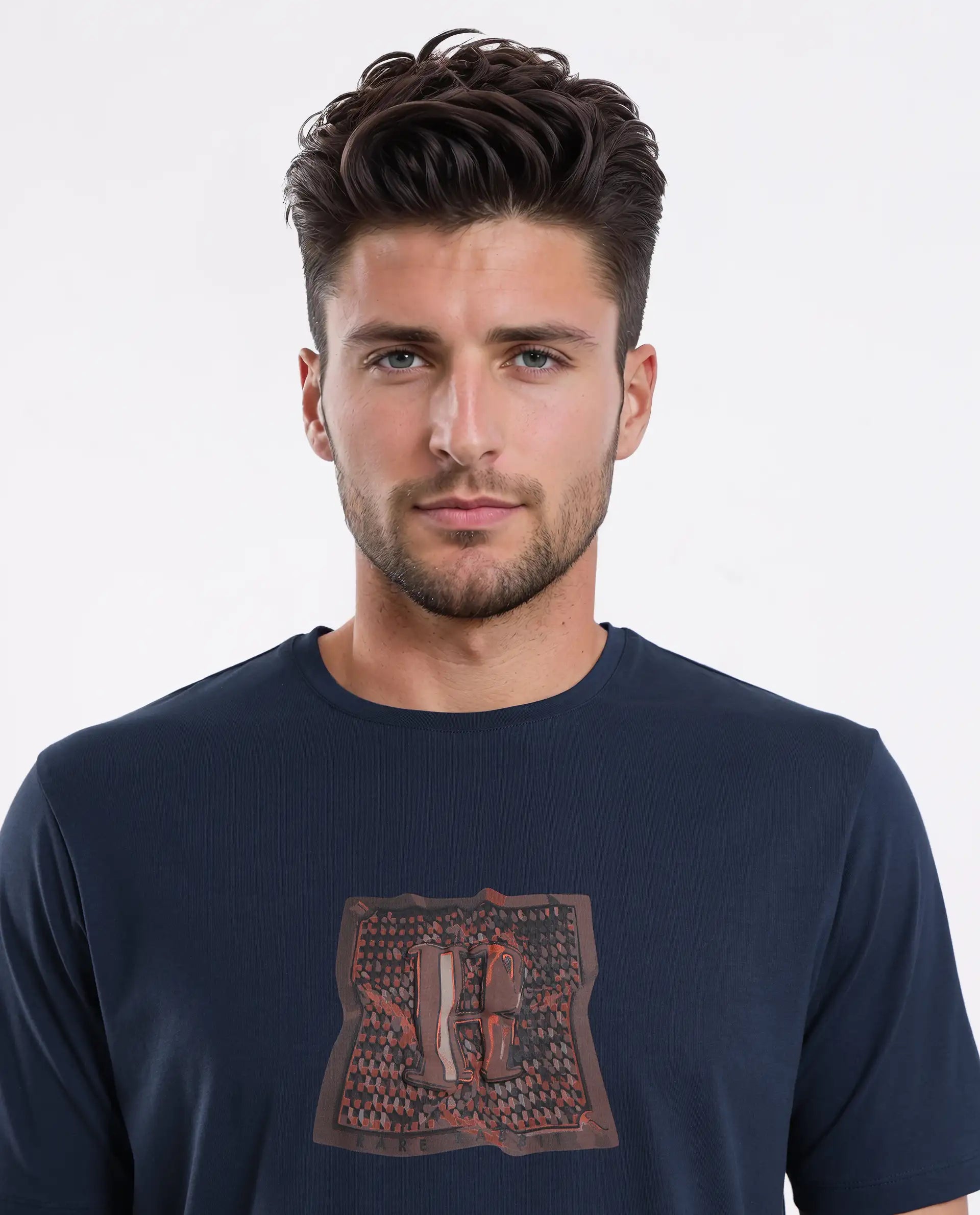 Rare Rabbit Men's Carp Dark Teal Cotton Blend Graphic Print Regular Fit Half Sleeve Crew Neck T-Shirt