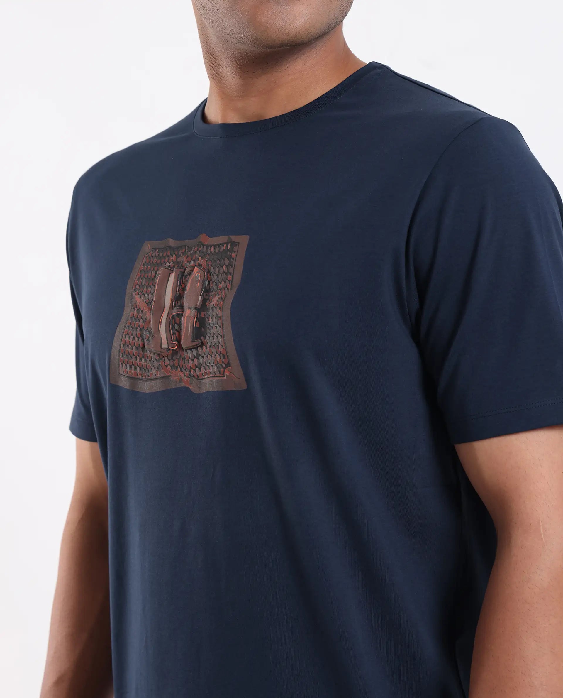 Rare Rabbit Men's Carp Dark Teal Cotton Blend Graphic Print Regular Fit Half Sleeve Crew Neck T-Shirt