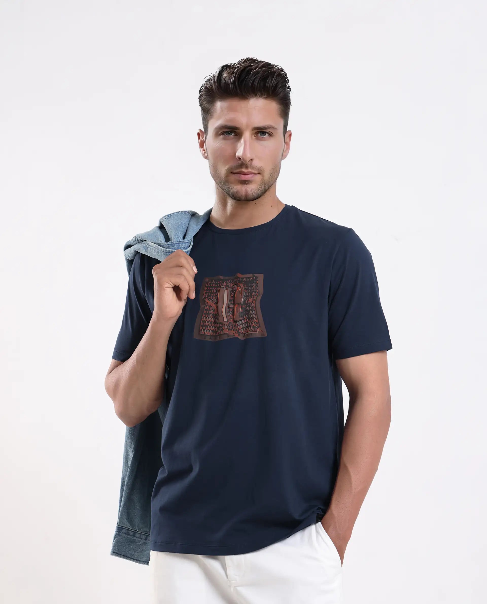 Rare Rabbit Men's Carp Dark Teal Cotton Blend Graphic Print Regular Fit Half Sleeve Crew Neck T-Shirt