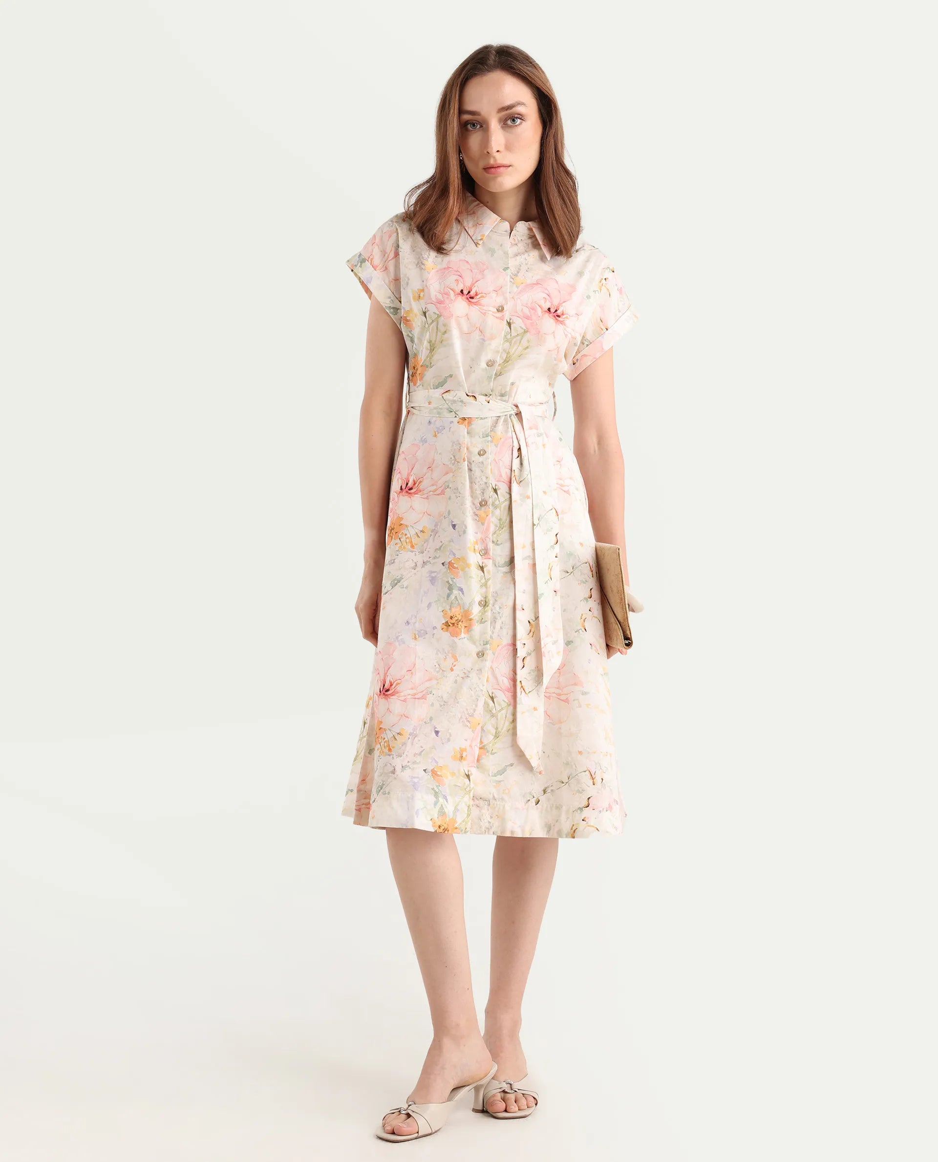 Rareism Women's Carpi Multi Cotton Drop Collar Floral Print Extended Sleeves Knee Length Regular Fit Dress