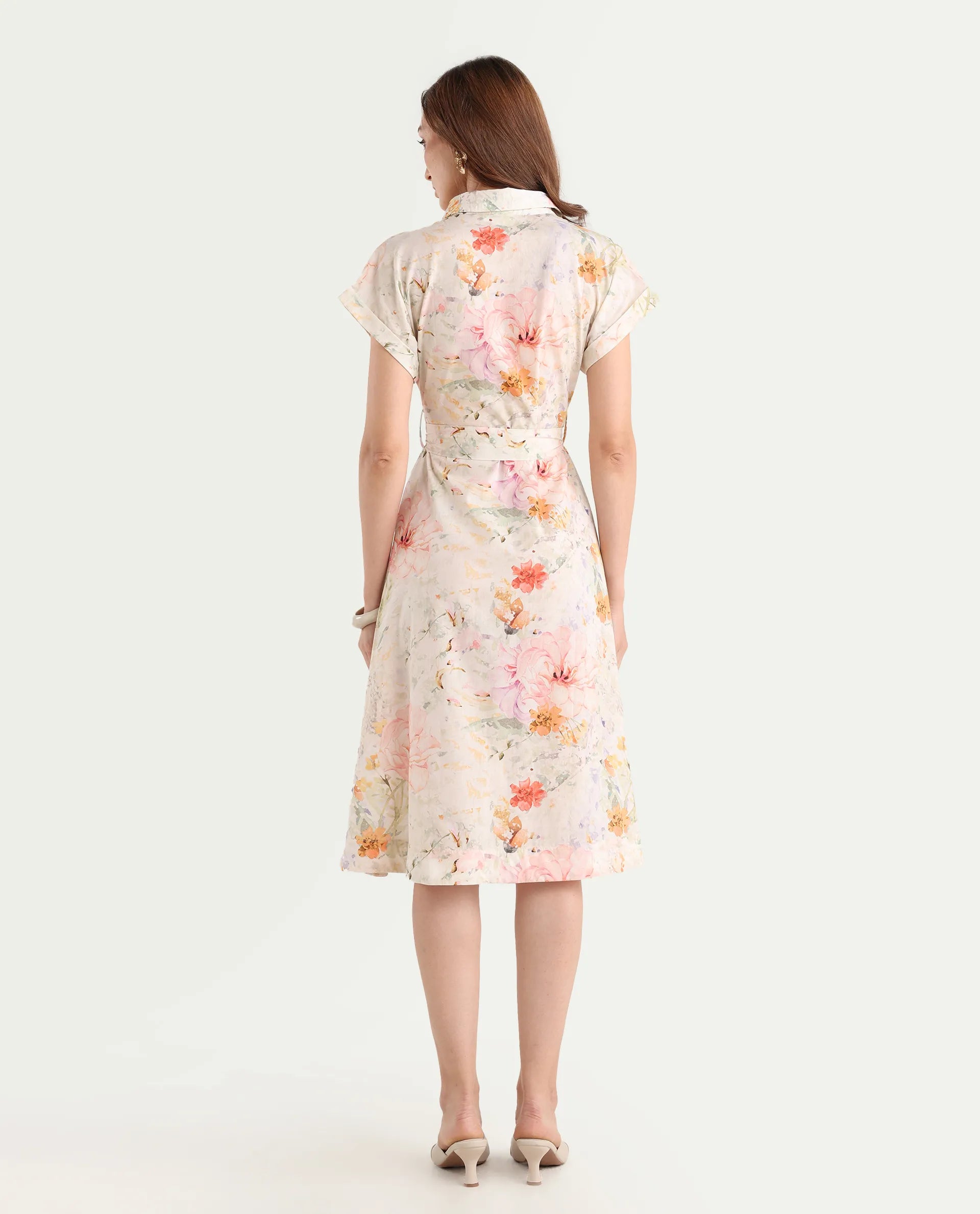 Rareism Women's Carpi Multi Cotton Drop Collar Floral Print Extended Sleeves Knee Length Regular Fit Dress