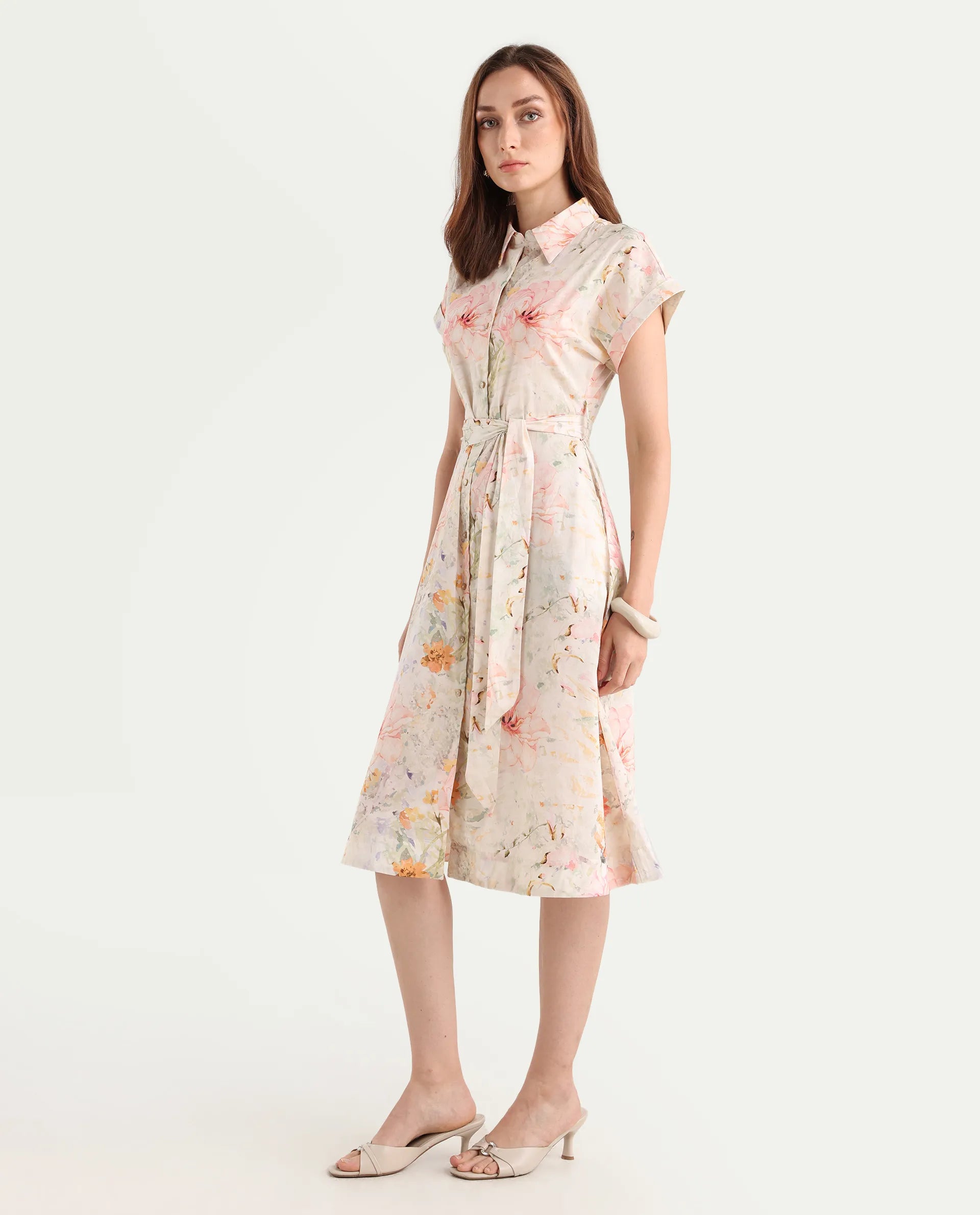 Rareism Women's Carpi Multi Cotton Drop Collar Floral Print Extended Sleeves Knee Length Regular Fit Dress