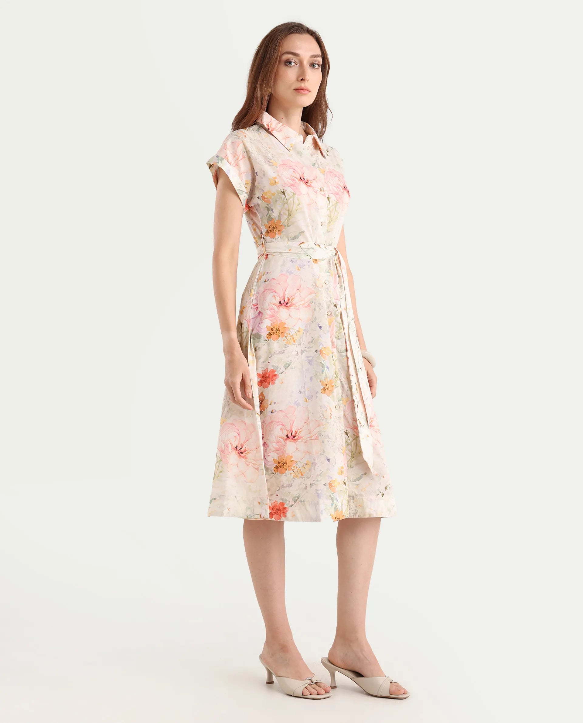 Rareism Women's Carpi Multi Cotton Drop Collar Floral Print Extended Sleeves Knee Length Regular Fit Dress